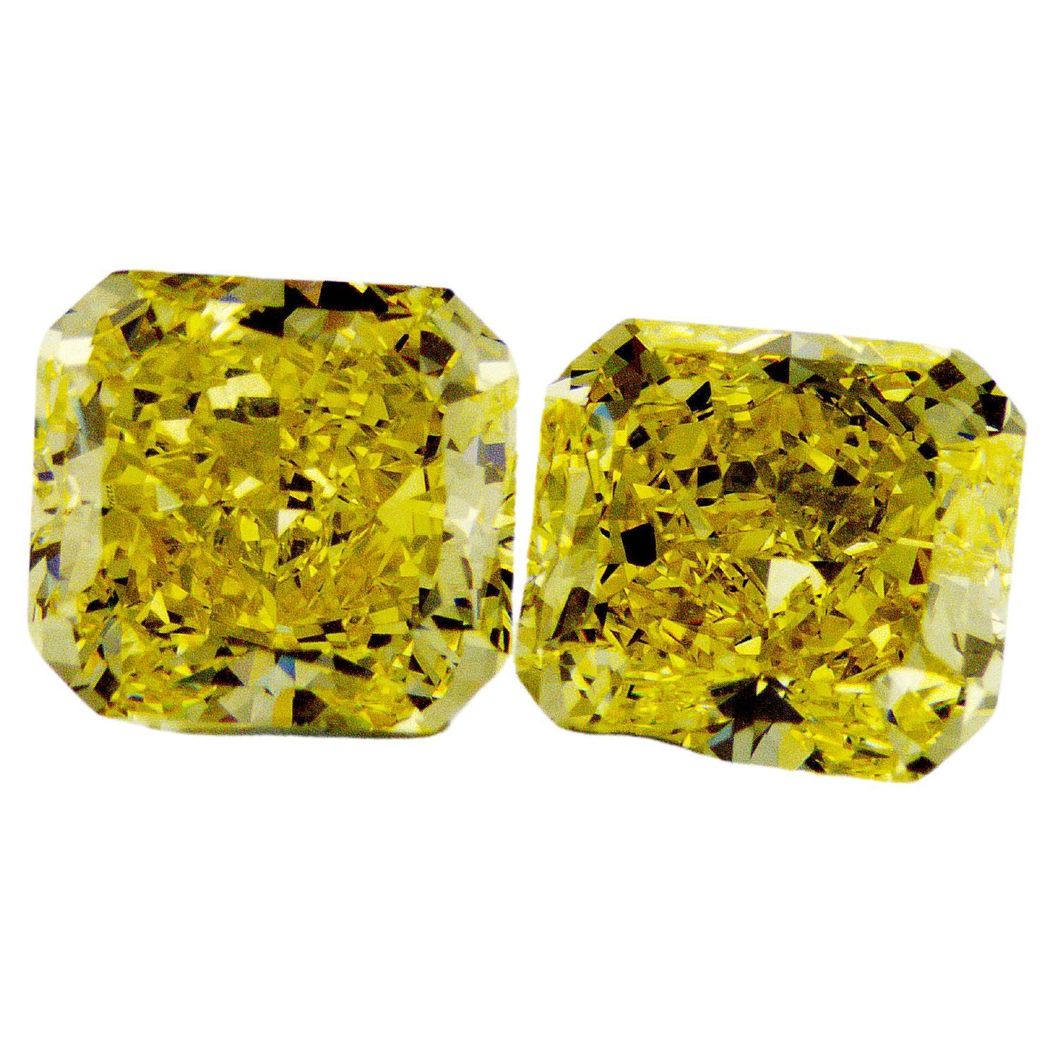 GIA Certified Pair 3.02 and 3.07 carat Fancy Intense Yellow Diamonds For Sale