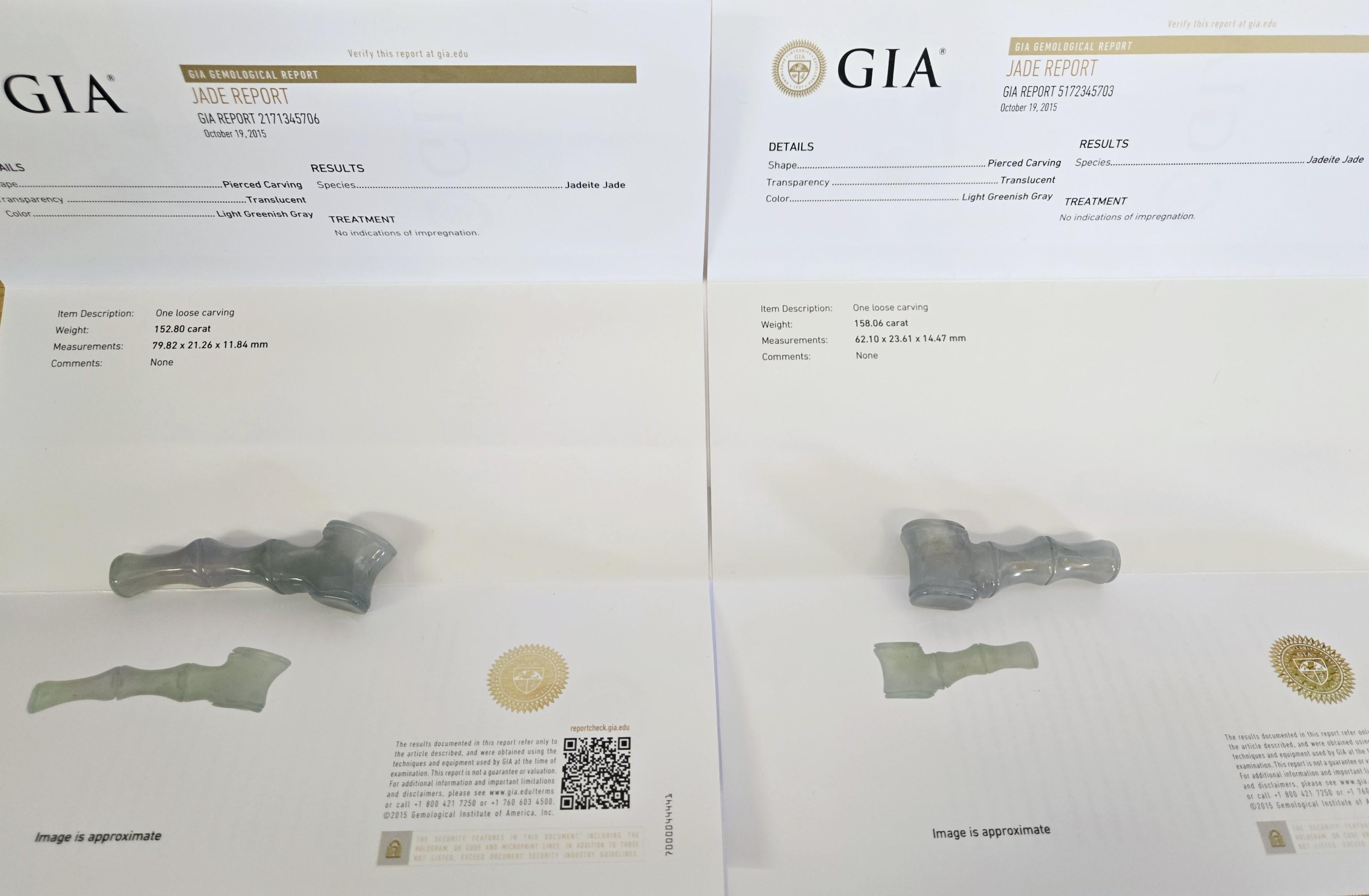 Coppia certificata GIA di ornamenti per pipa da fumo in giada iridescente in vendita 10