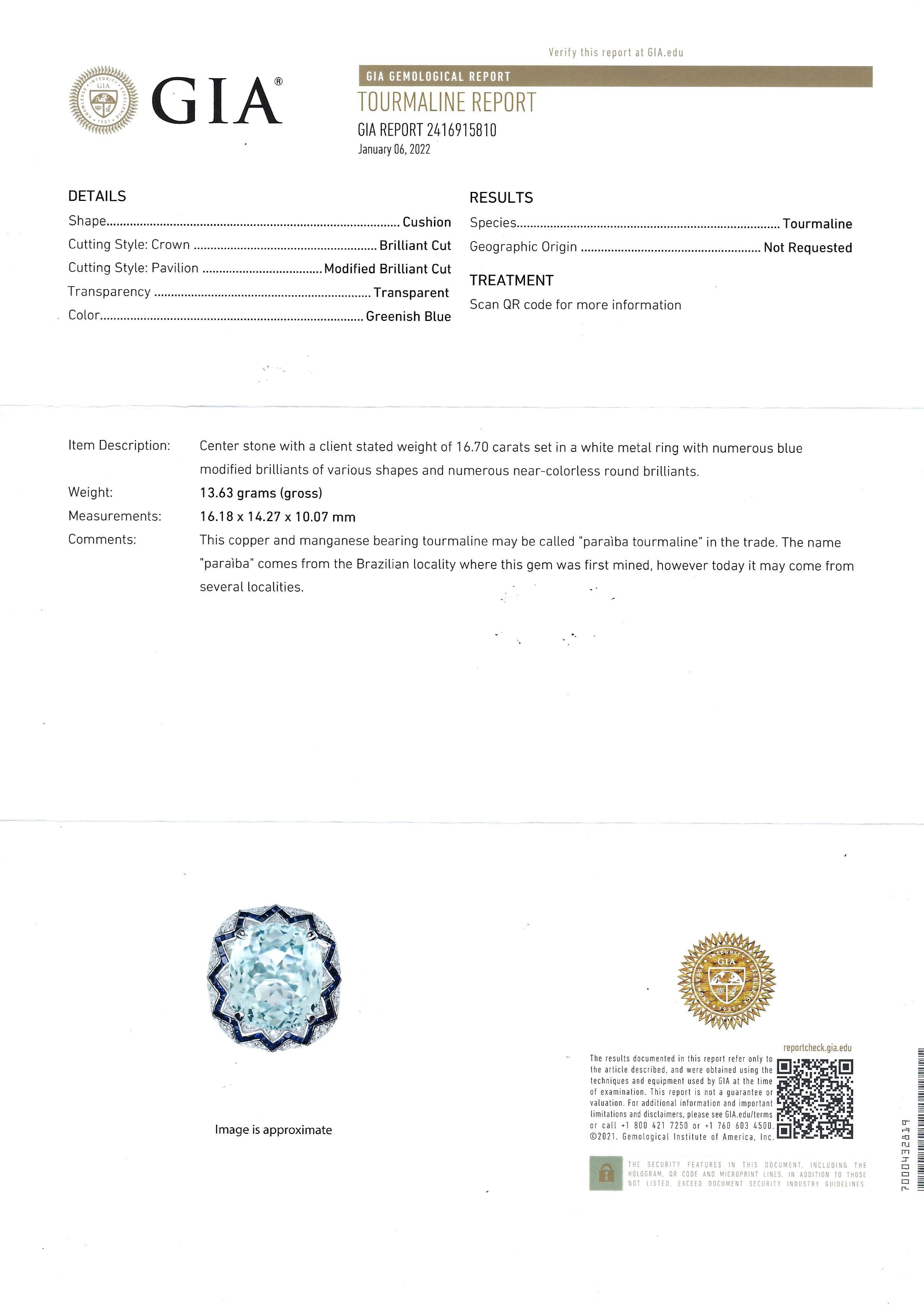 GIA Certified Paraiba Tourmaline, Blue Sapphire, Diamond Ring in 18K White Gold For Sale 9
