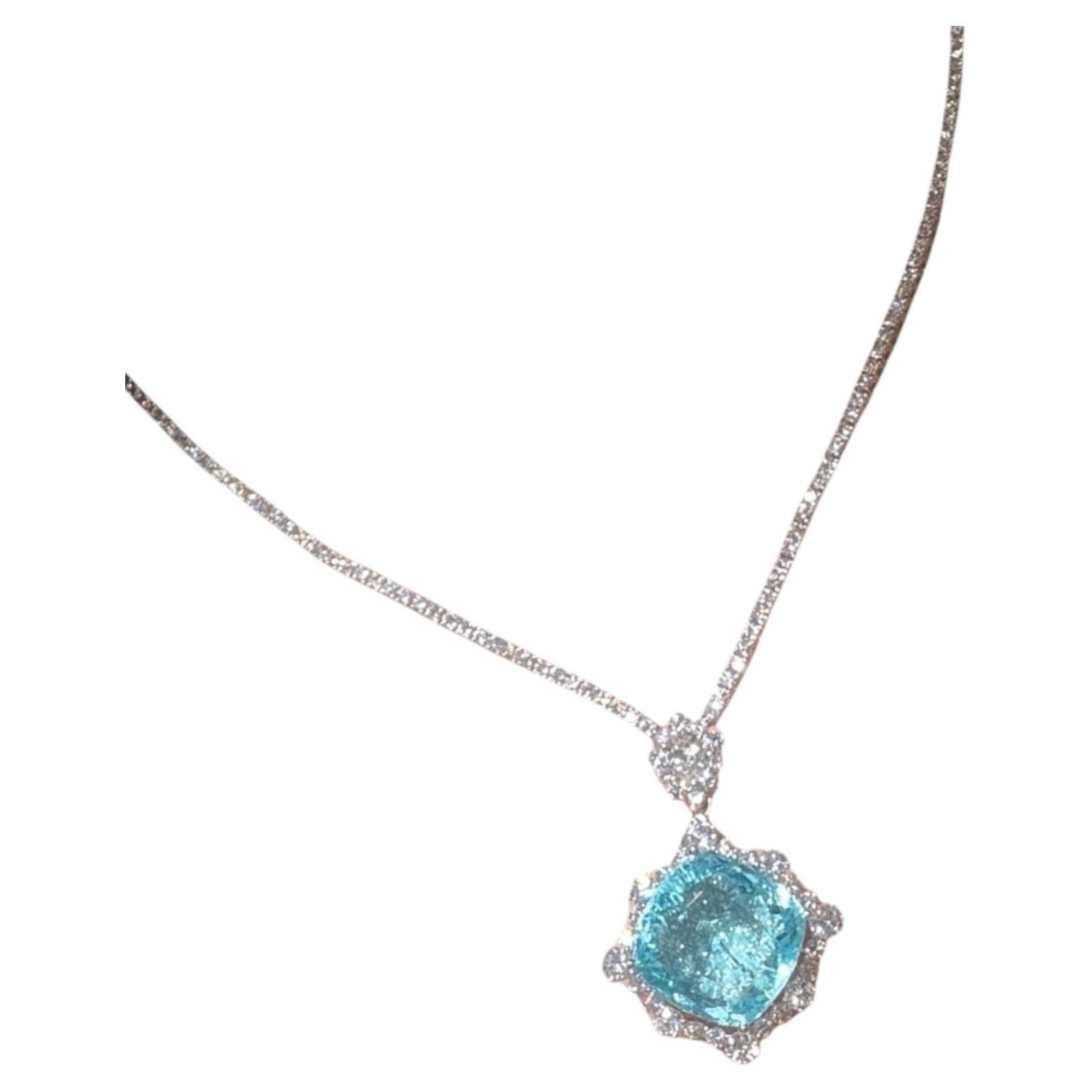 GIA Certified 16.84ct Paraiba Tourmaline Diamond Necklace in 18K Gold