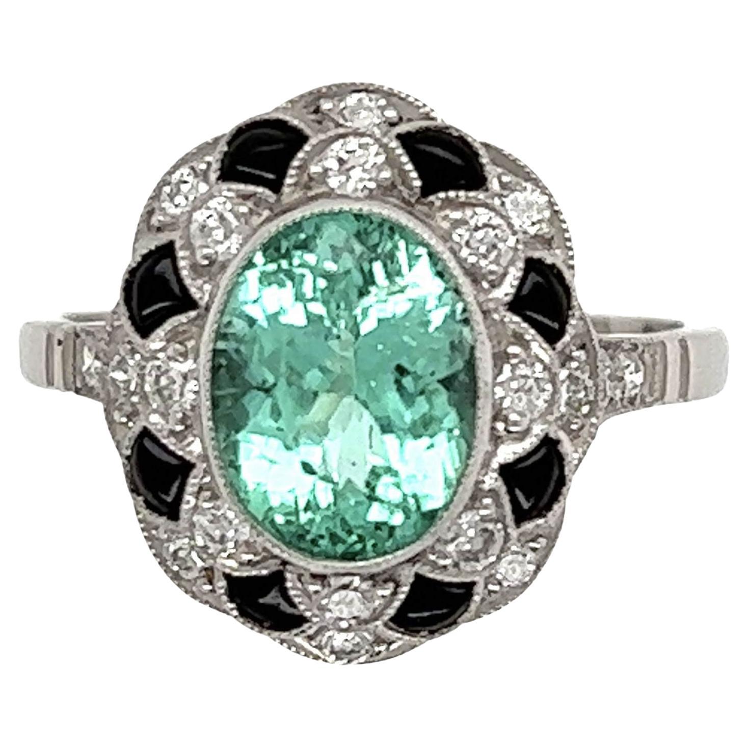 Art Deco Tourmaline Diamond Platinum Cluster Engagement Ring at 1stDibs