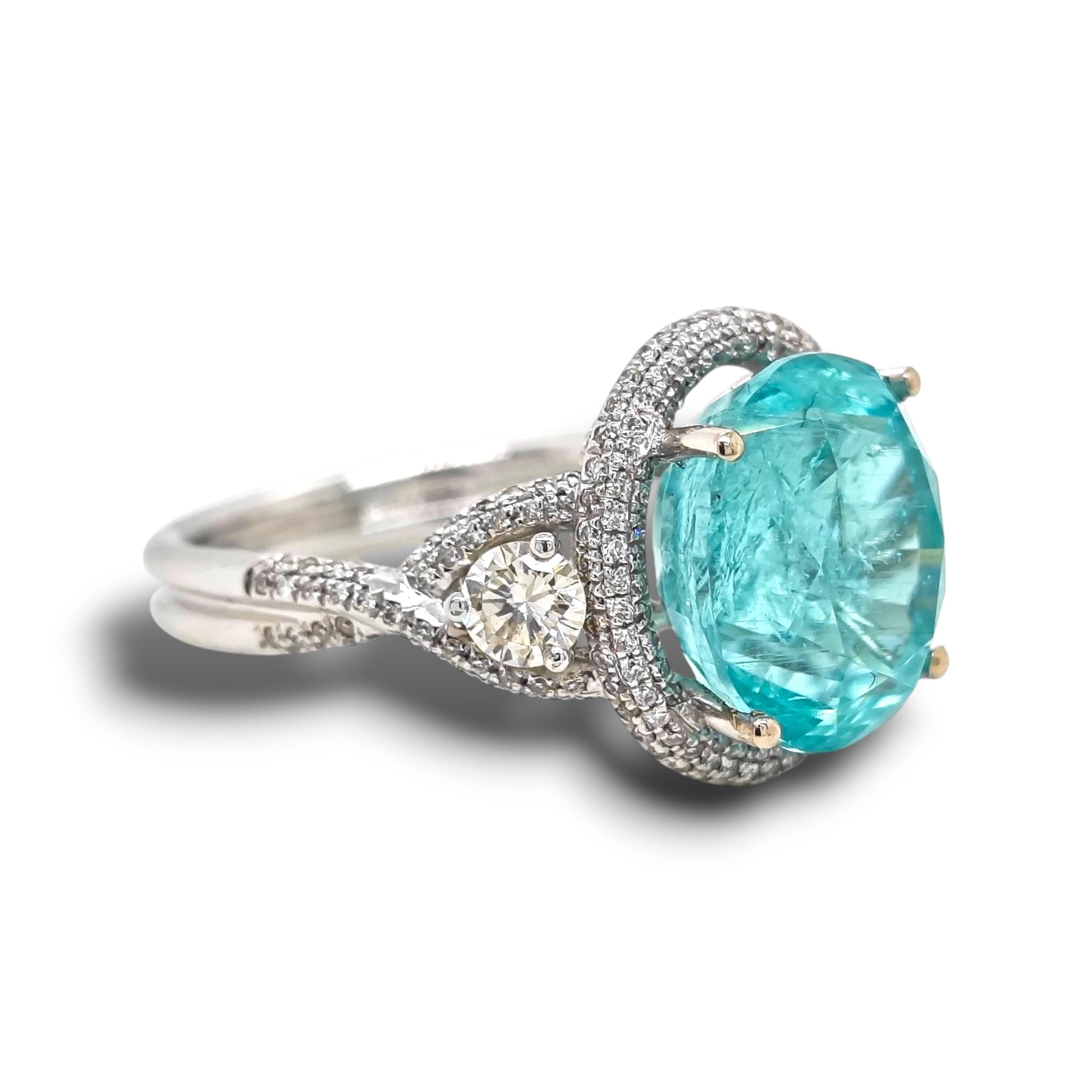 Mixed Cut 9.1 Carat GIA Certified Paraiba Tourmaline White Diamond White Gold Ring For Sale