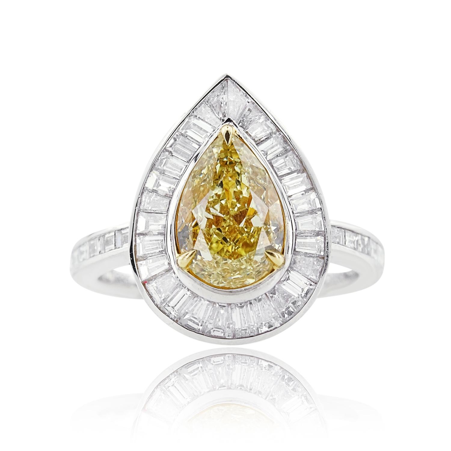 Modern GIA Certified Pear Cut Fancy Yellow Diamond Ring, 3.08 Carat For Sale