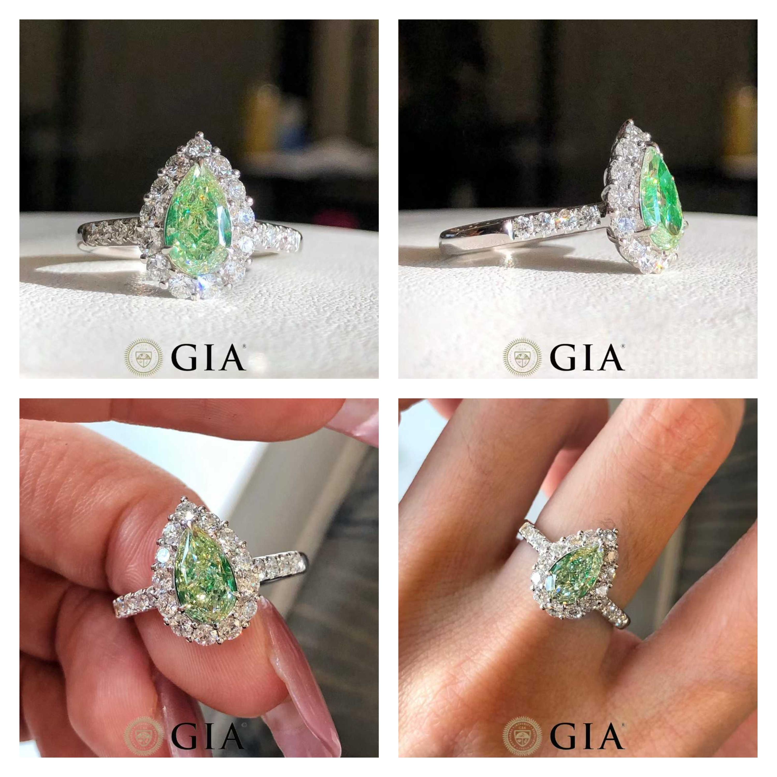 in vendita:  Anello di diamanti verdi con taglio a pera e diamanti bianchi a raggiera, certificato GIA - Whiting 8