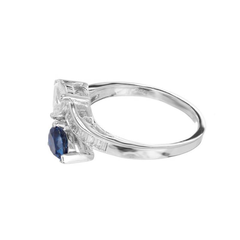 Pear Cut GIA Certified Pear Sapphire Diamond Swirl Bypass Platinum Cocktail Ring For Sale