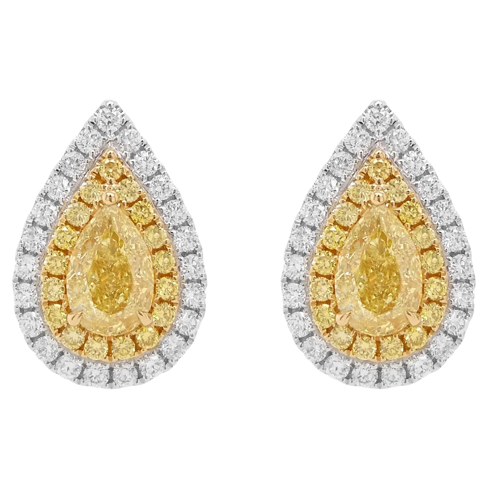 GIA-zertifizierte Birnenform 1,0 Karat Gelber Diamant Weißer Diamant 18K Gold Ohrringe