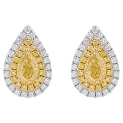 GIA Certified Pear shape 1.0 ct Yellow Diamond White Diamond 18K Gold Earrings