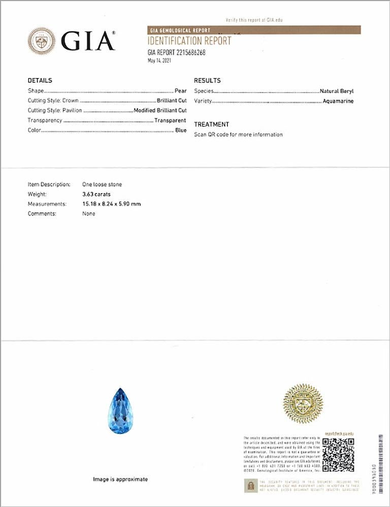 GIA Certified 3.63 Carats Pear Shape Aquamarine & Diamond Halo Engagement Ring For Sale 2