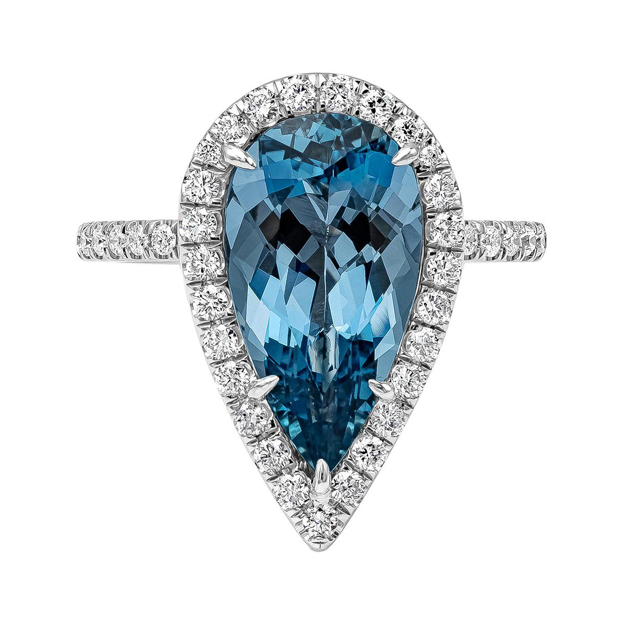 GIA Certified Pear Shape Aquamarine and Diamond Halo Engagement Ring For Sale