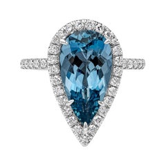 Anillo de compromiso con halo de diamantes y aguamarina en forma de pera, certificado por el GIA, de 3,63 quilates
