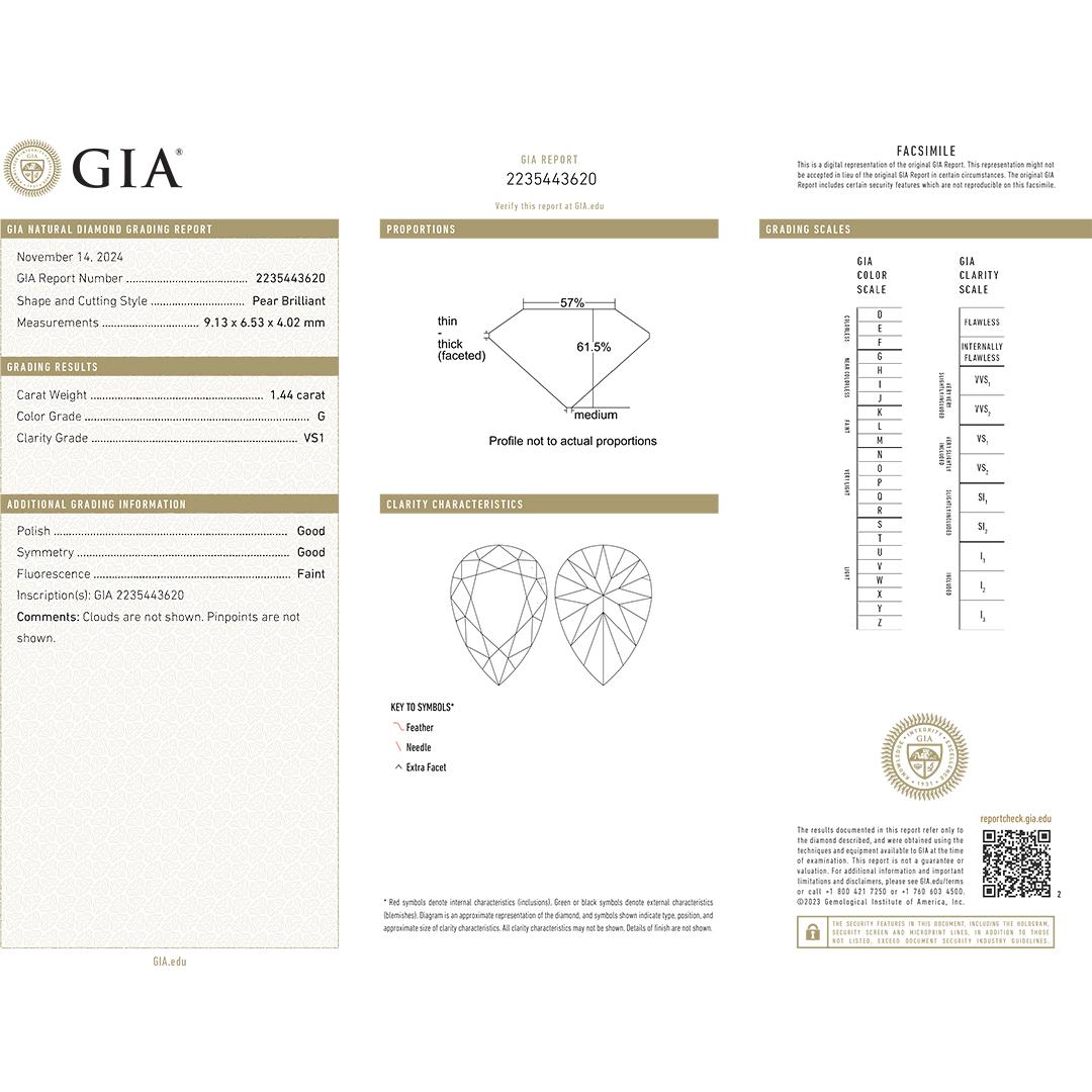 Diamante a forma di pera certificato GIA 1,44ct In condizioni ottime in vendita a Laguna Beach, CA