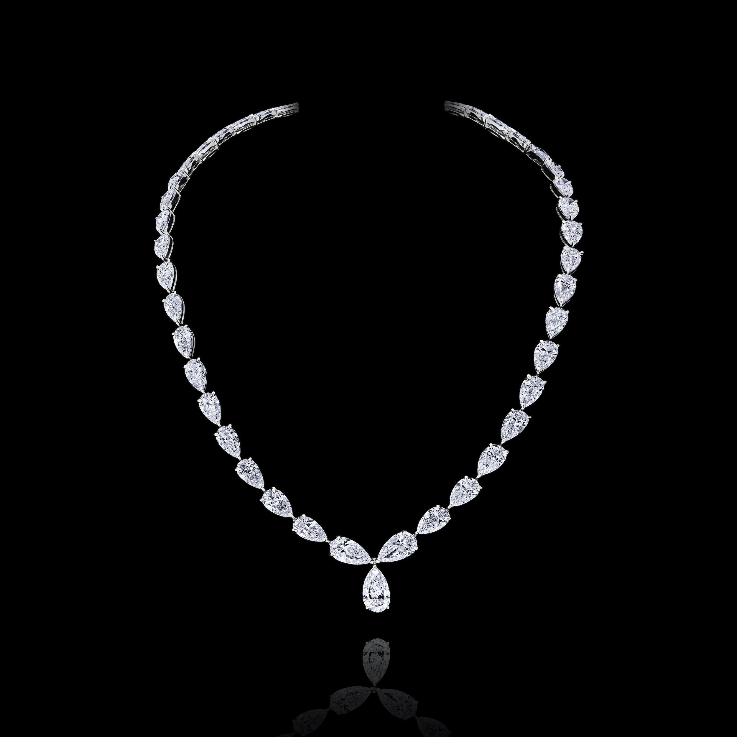 Pear Cut GIA Certified Pear Shape Diamond Riviera Necklace with 42.24 Carats
