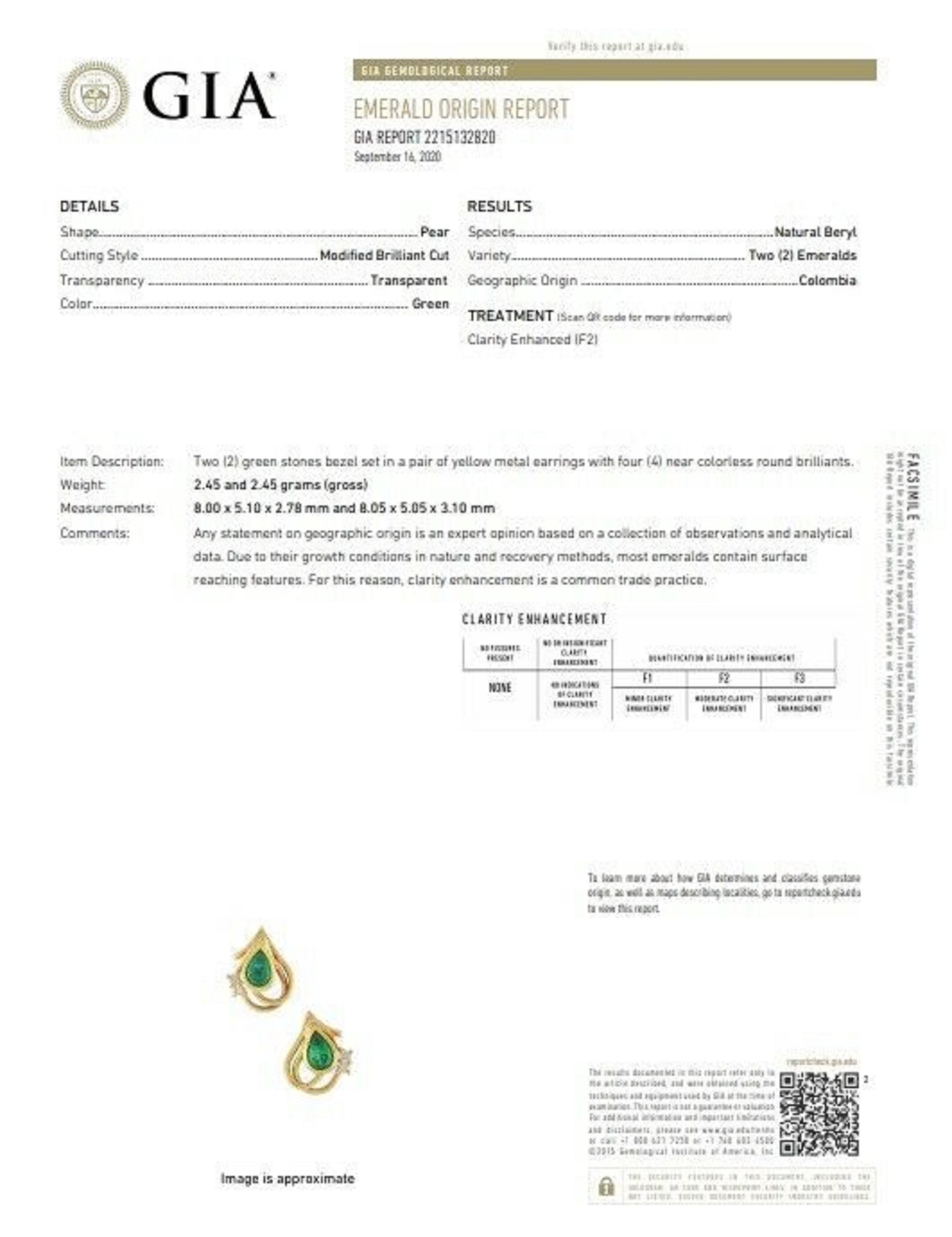 Women's or Men's GIA Certified Pear Shape Emerald and Diamond Earrings