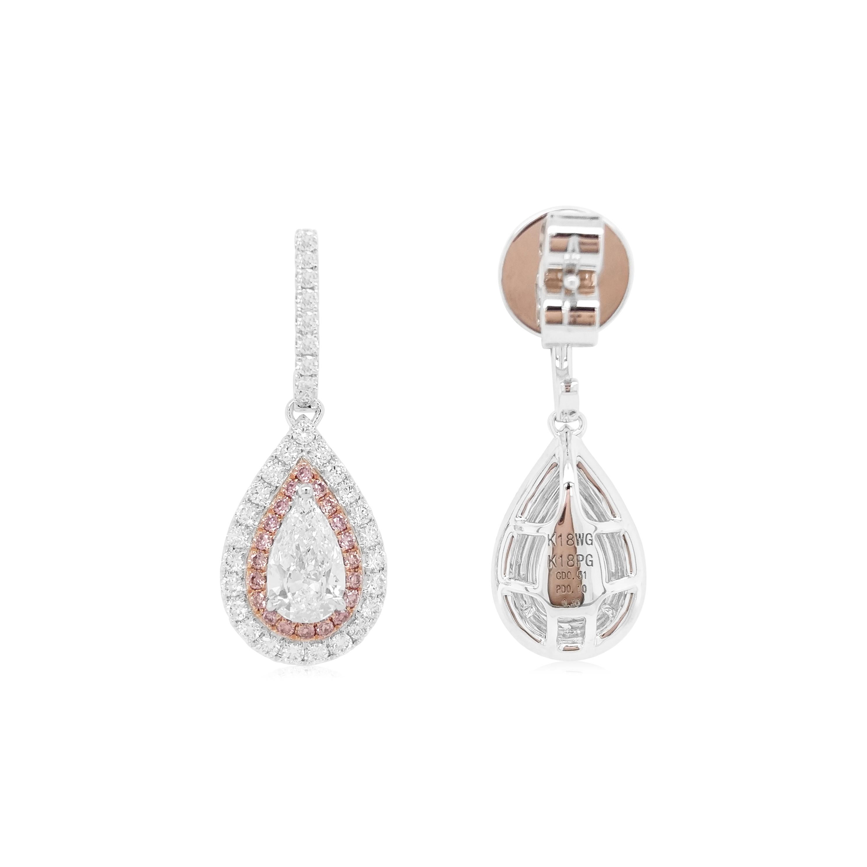 Taglio a goccia Orecchini pendenti in oro 18 carati con diamante bianco e diamante rosa a forma di pera certificati GIA in vendita