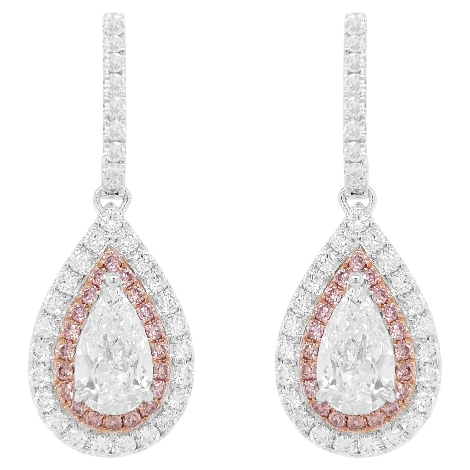 GIA-zertifizierte birnenförmige weiße Diamanten und pinke Diamanten 18K Gold Ohrringe baumeln
