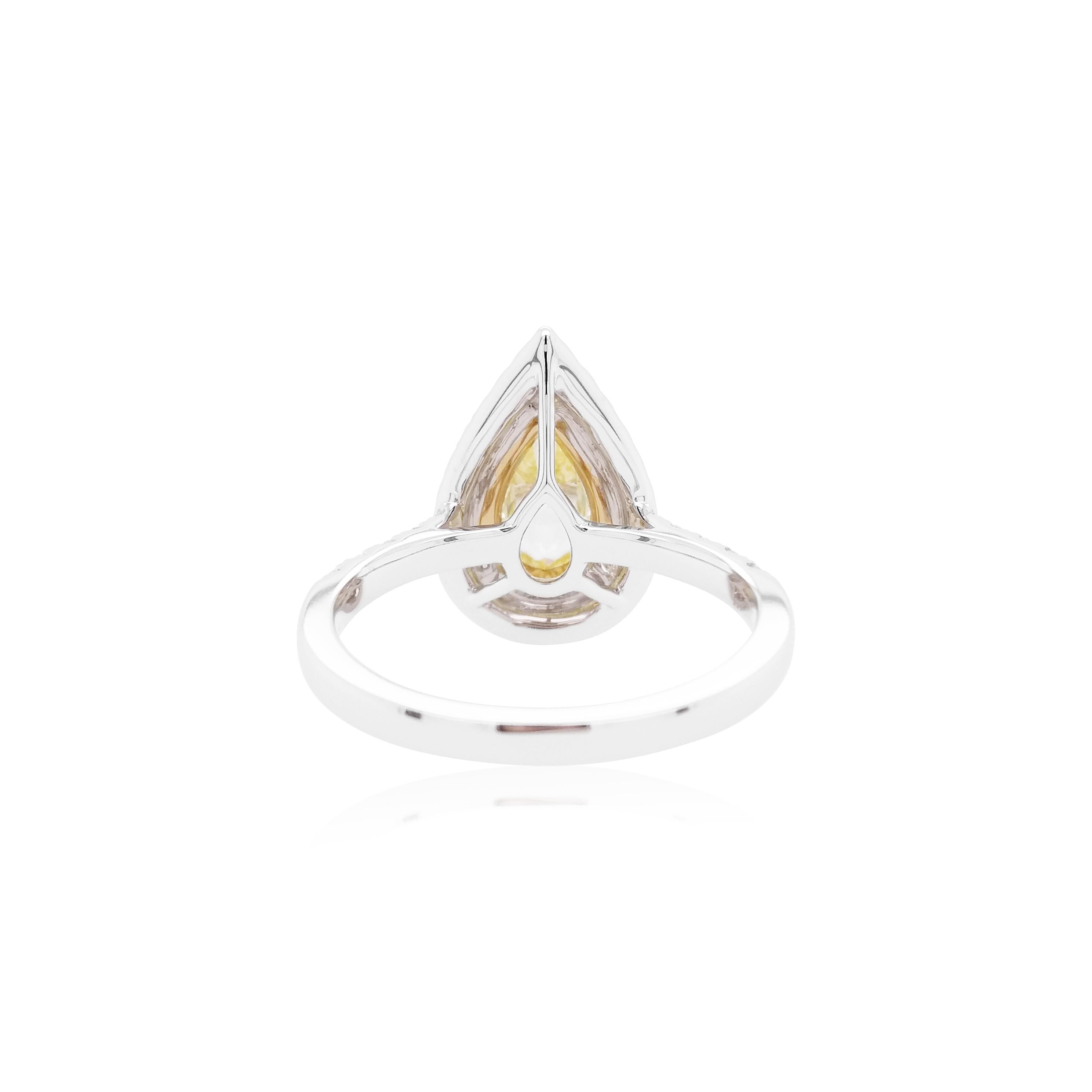 This elegant 18K gold ring features an exceptional Fancy Yellow diamond at is centre, surrounded by small round yellow and white diamonds. Set in 18 Karat white and yellow gold to provide a unique, but elegant contrast to the colour of the centre