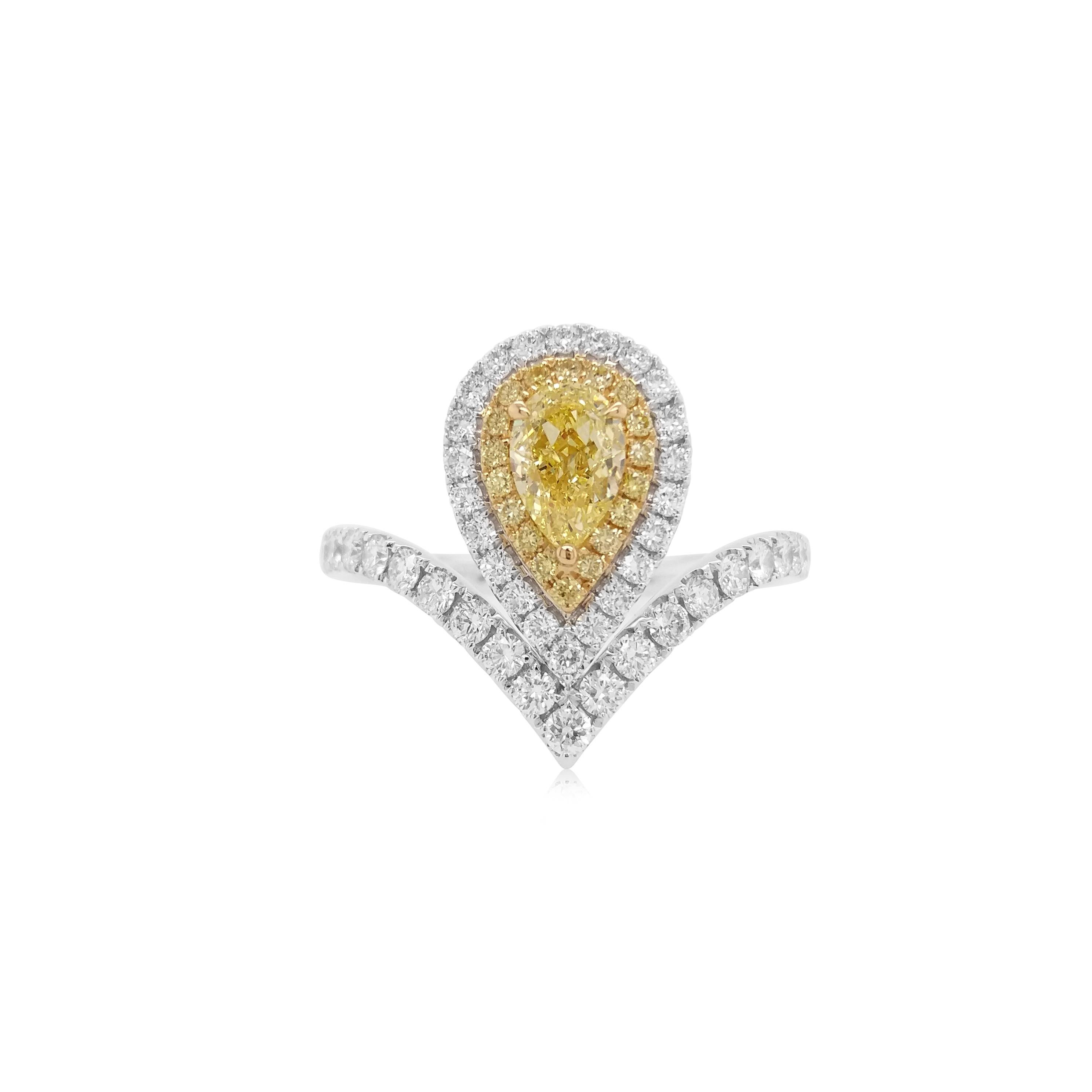 This one-of-a-kind beautiful Natural Yellow Diamond ring is a trendsetter, carved in 18K Gold with a magnificent setting and look.

- Fancy Yellow Diamond (GIA:1457390706) - 0.54cts
- Yellow Diamonds - 0.105 cts
- White Diamonds - 0.52 cts.

HYT