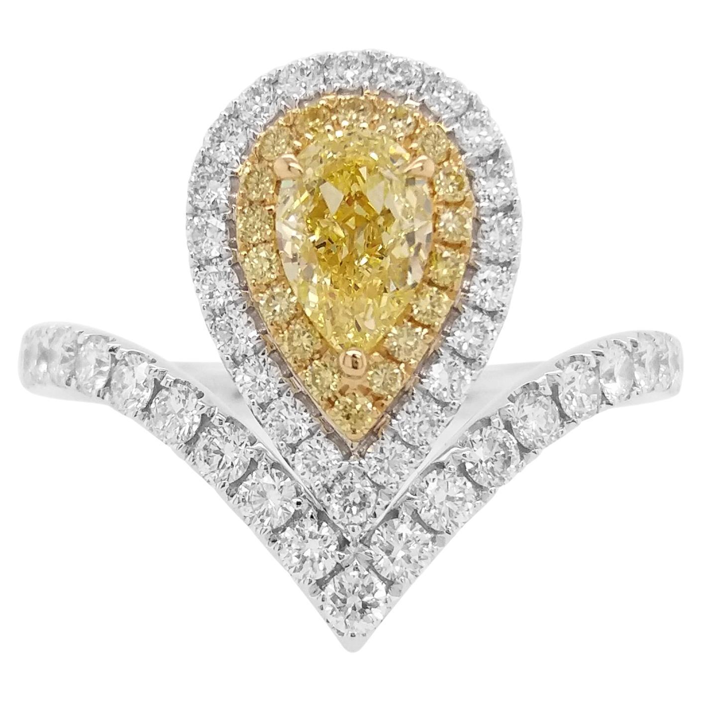GIA certified Pear Shape Yellow Diamond and White Diamond Ring For Sale