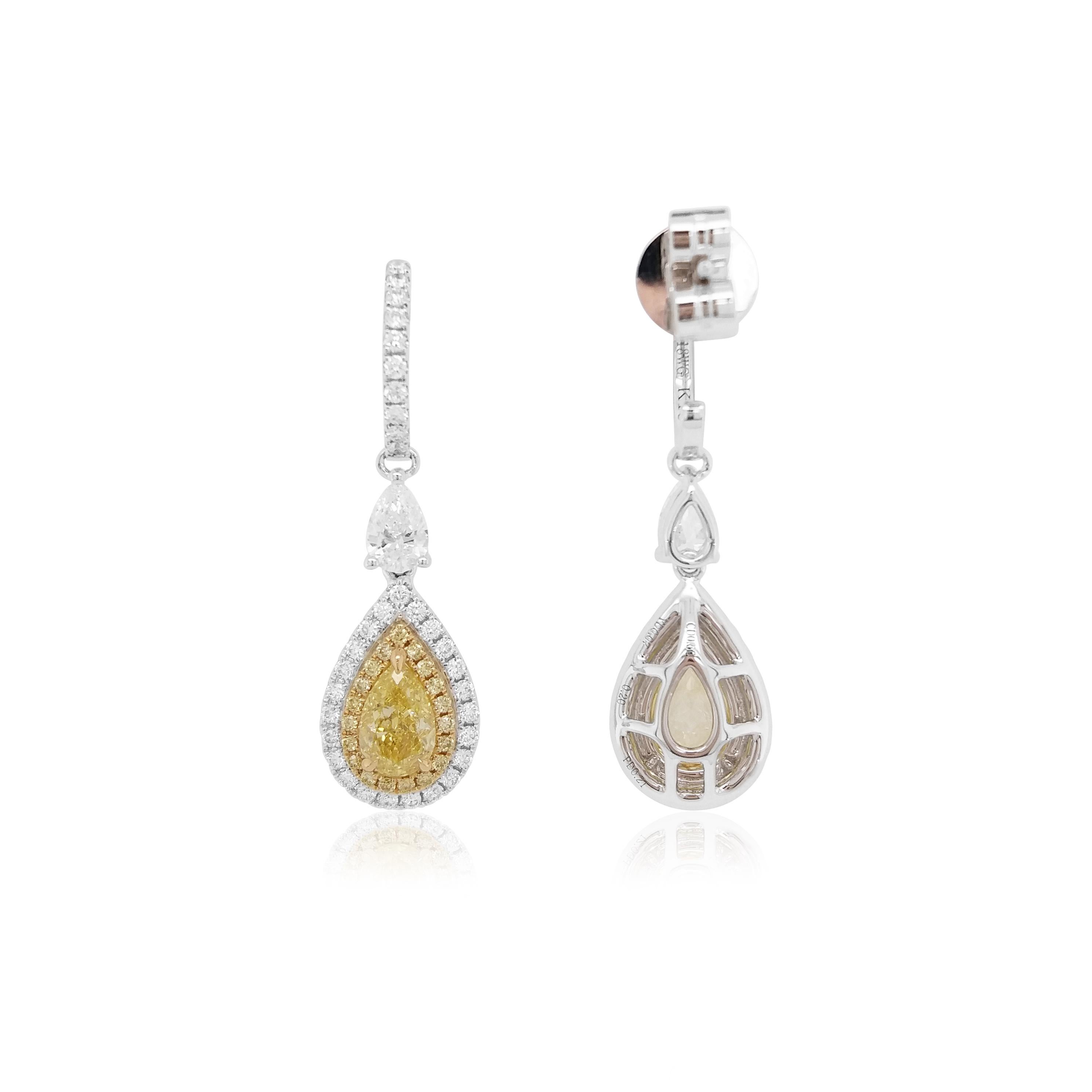 Modernist GIA Certified Pear 1.02cts Yellow Diamond White Diamond 18K Gold Dangle Earrings