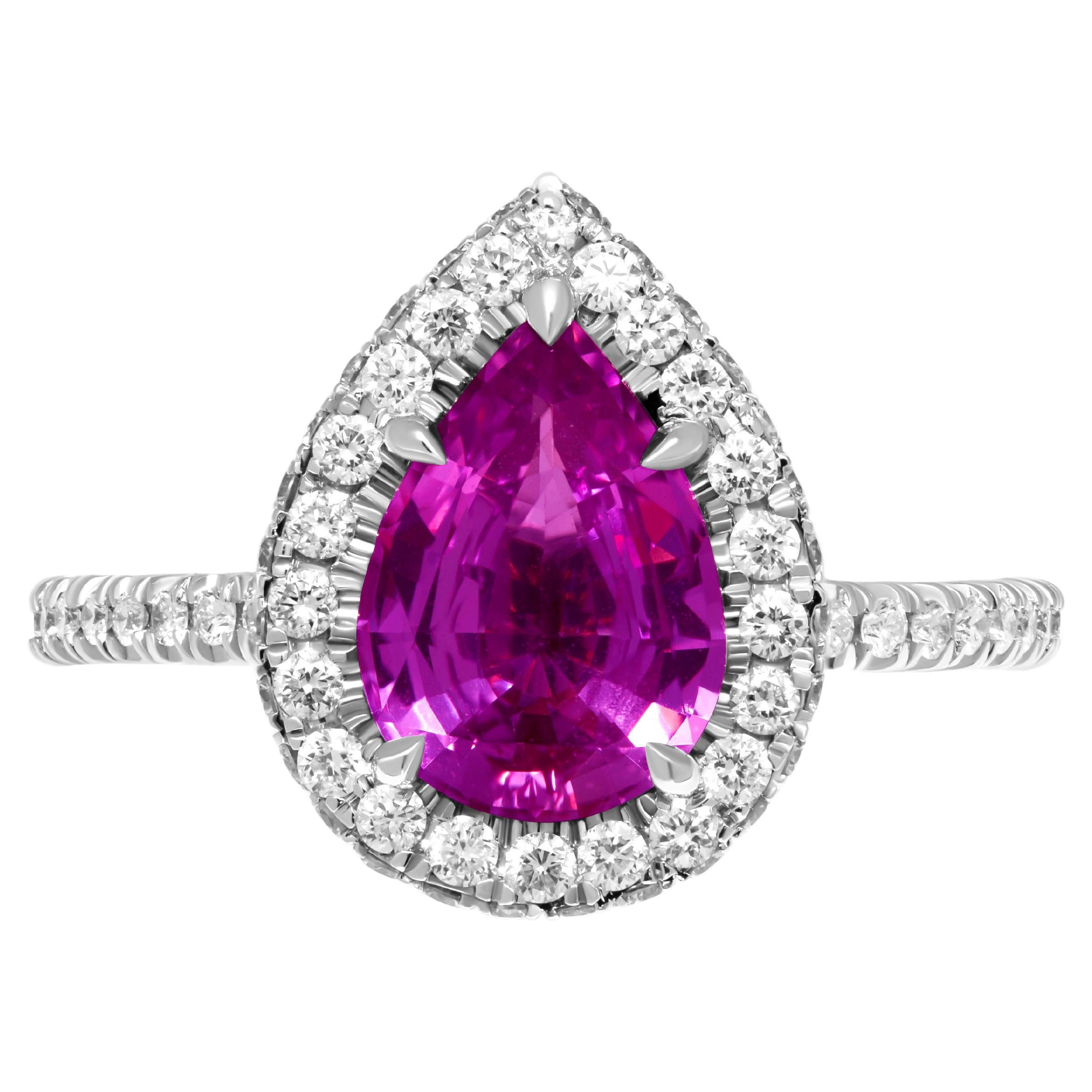 GIA Certified Pear Shaped 2.14 Carat Pink Sapphire Ring
in 14K White Gold;
GIA certified
Total carat weight of pave: 0.76ct
Size 7.75 (can be sized)