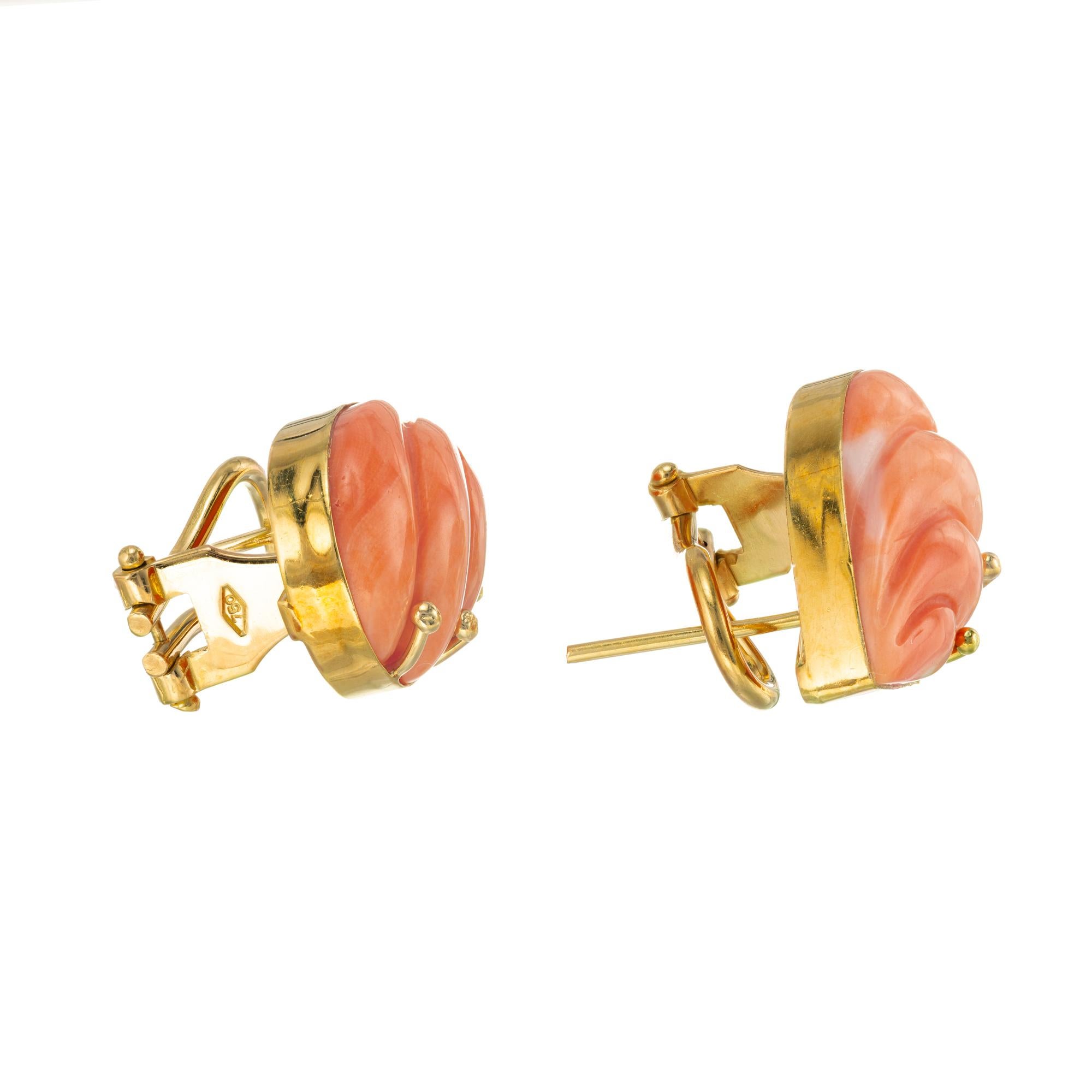 Pear Cut GIA Certified Pear Shaped Carved Coral Yellow Gold Earrings For Sale