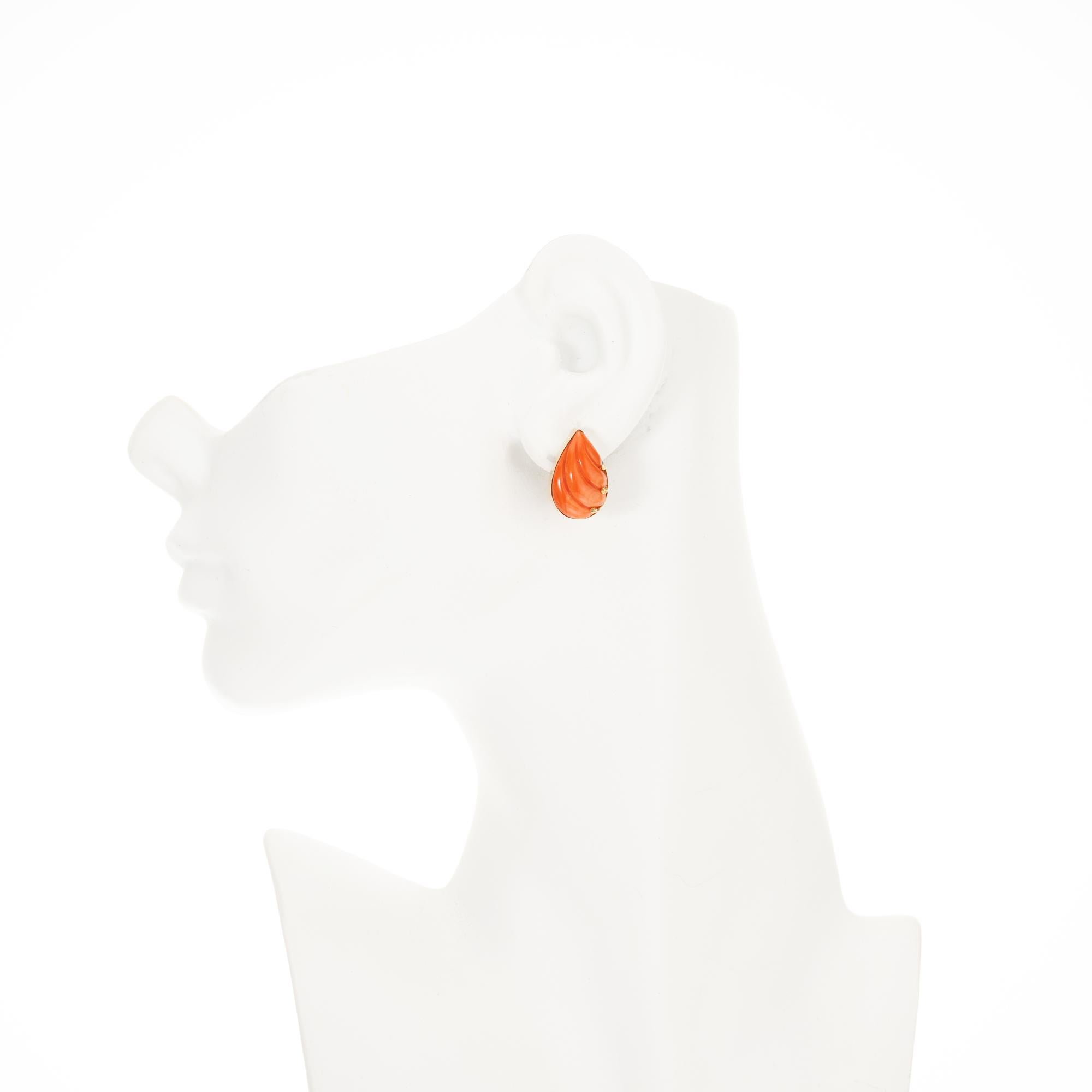 GIA Certified Pear Shaped Carved Coral Yellow Gold Earrings For Sale 2