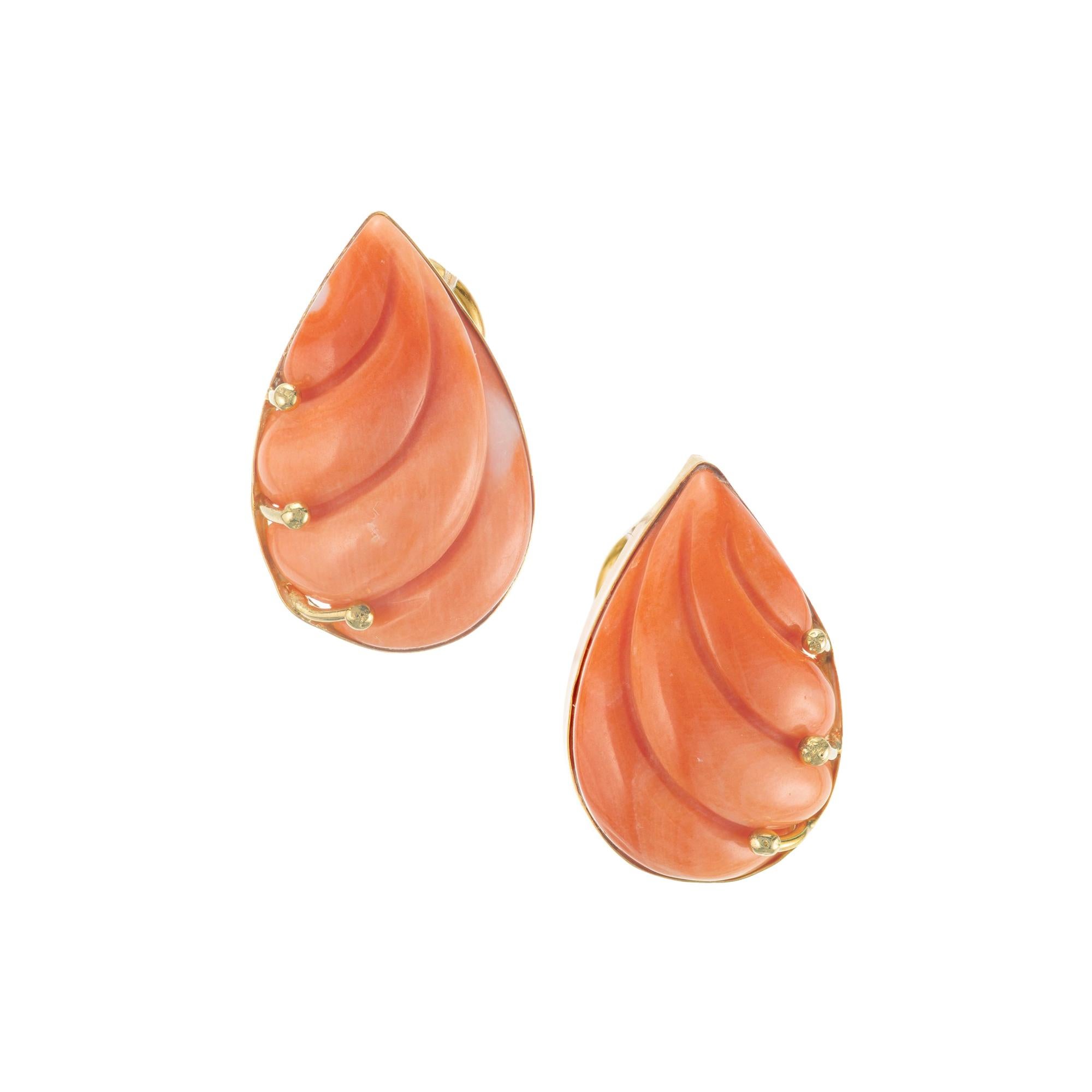 GIA Certified Pear Shaped Carved Coral Yellow Gold Earrings For Sale