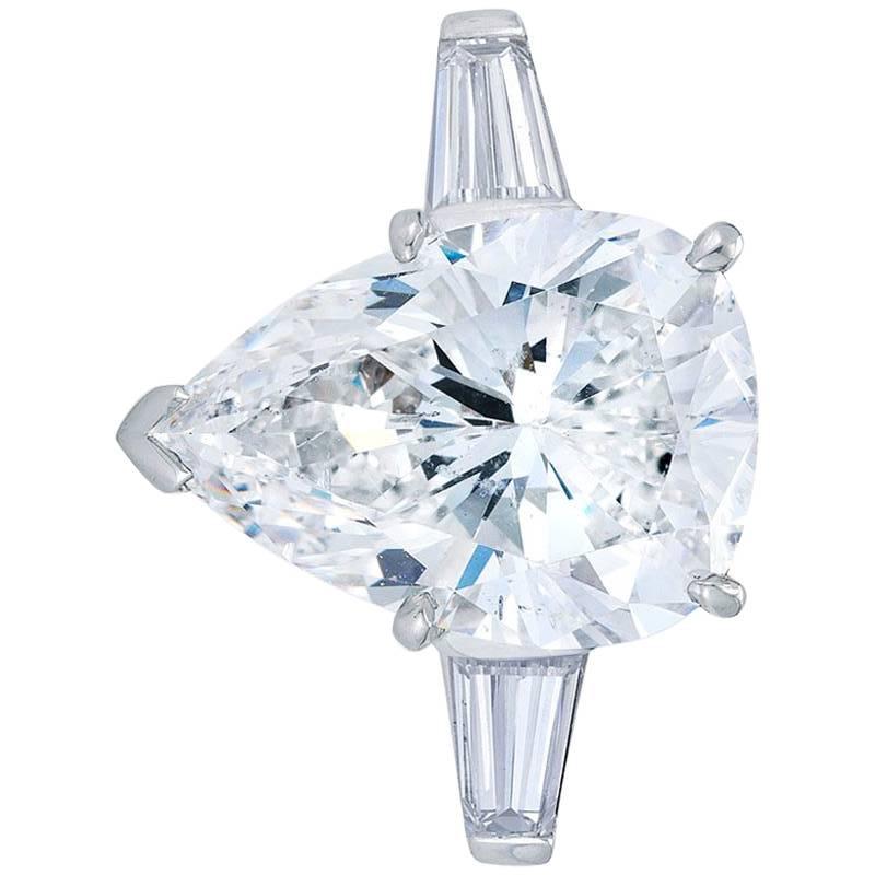 GIA Certified Pear Shaped Diamond 6.42 Carat E Color SI2 Platinum Ring