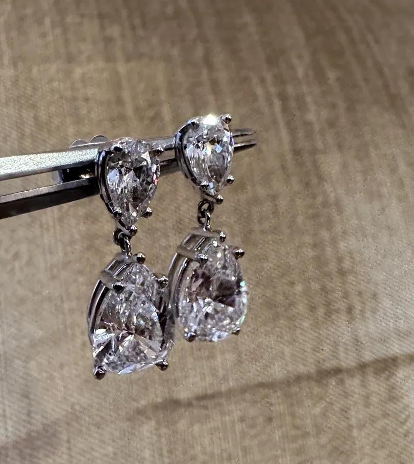 Women's GIA Certified Pear Shaped Diamond Drop Earrings in 18k White Gold For Sale