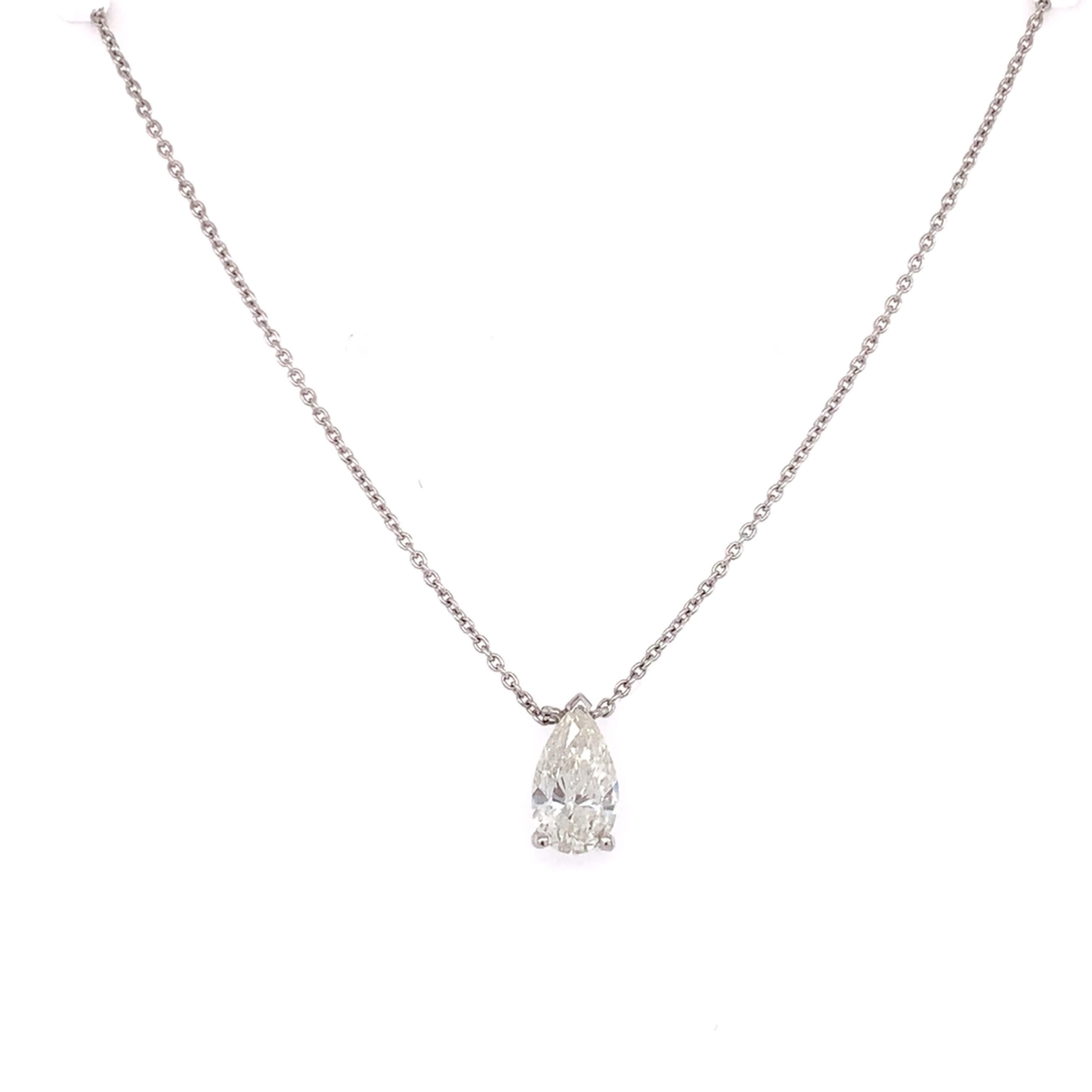 GIA Certified pear shaped diamond pendant necklace made with real/natural pear shaped diamond. Total Diamond Weight: 0.81 carats. Diamond Quantity: 1 pear shaped diamond. Color: I. Clarity: I1. Mounted on a thin 18 karat white gold adjustable chain.