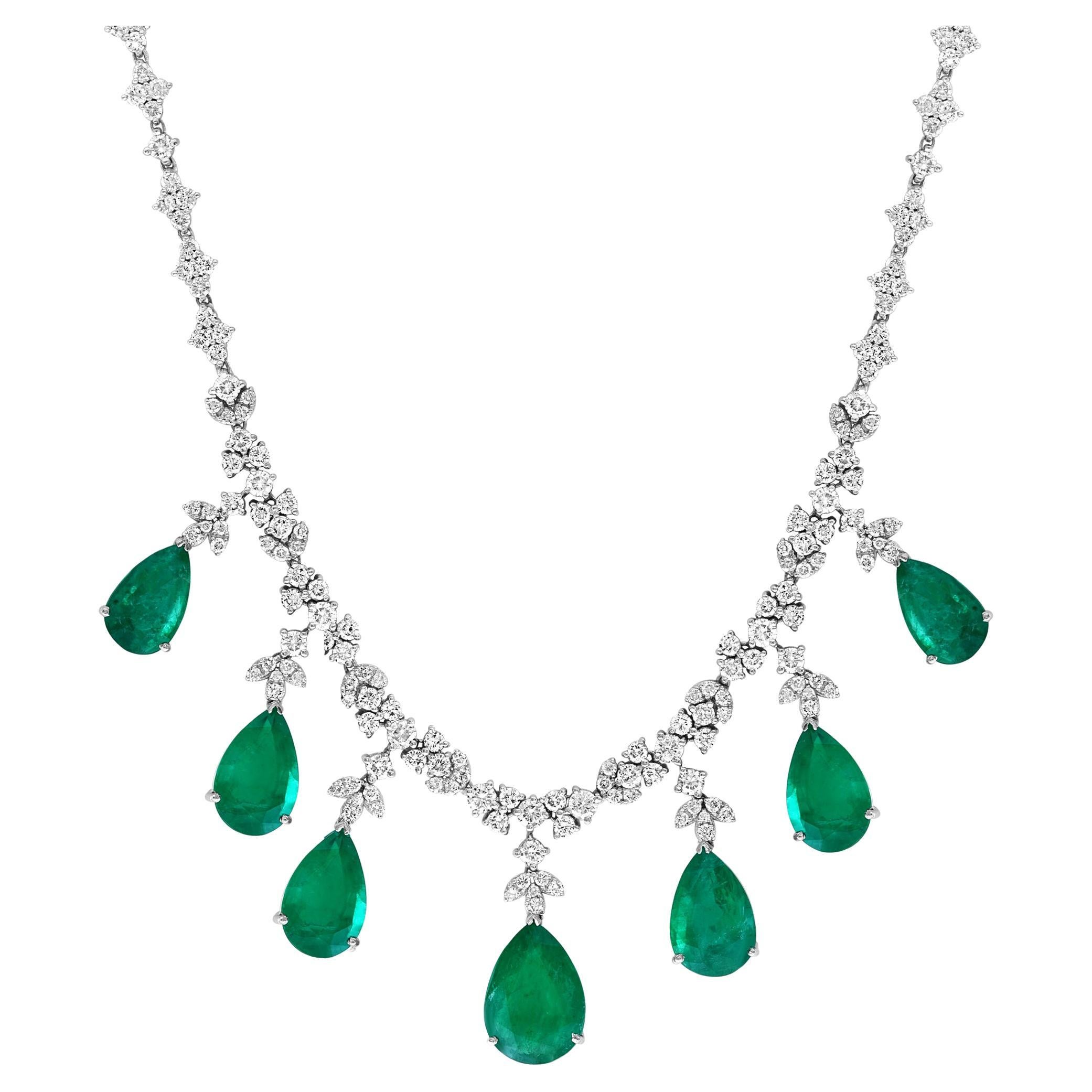 GIA Certified Pear Zambian Emerald & Diamond Bridal Drop Necklace 14 Kt  Or