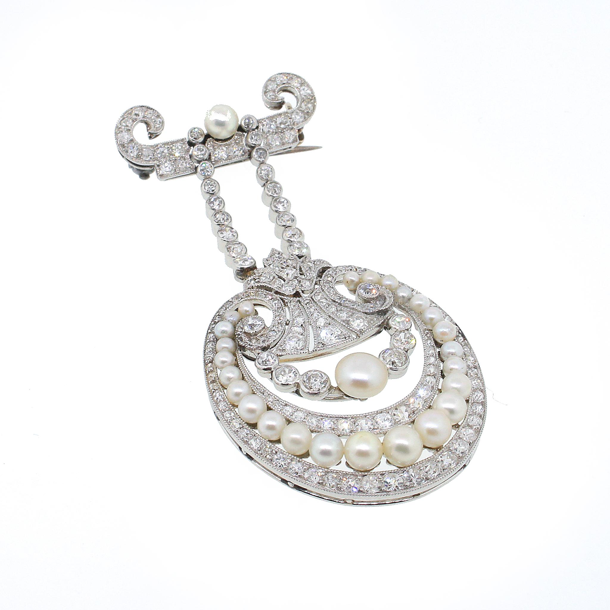 Round Cut GIA Certified Natural Pearl and Diamond Platinum Brooch For Sale