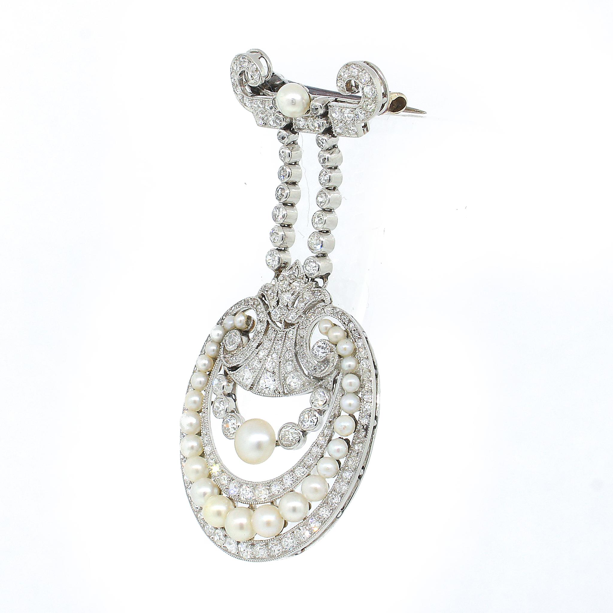Women's or Men's GIA Certified Natural Pearl and Diamond Platinum Brooch For Sale