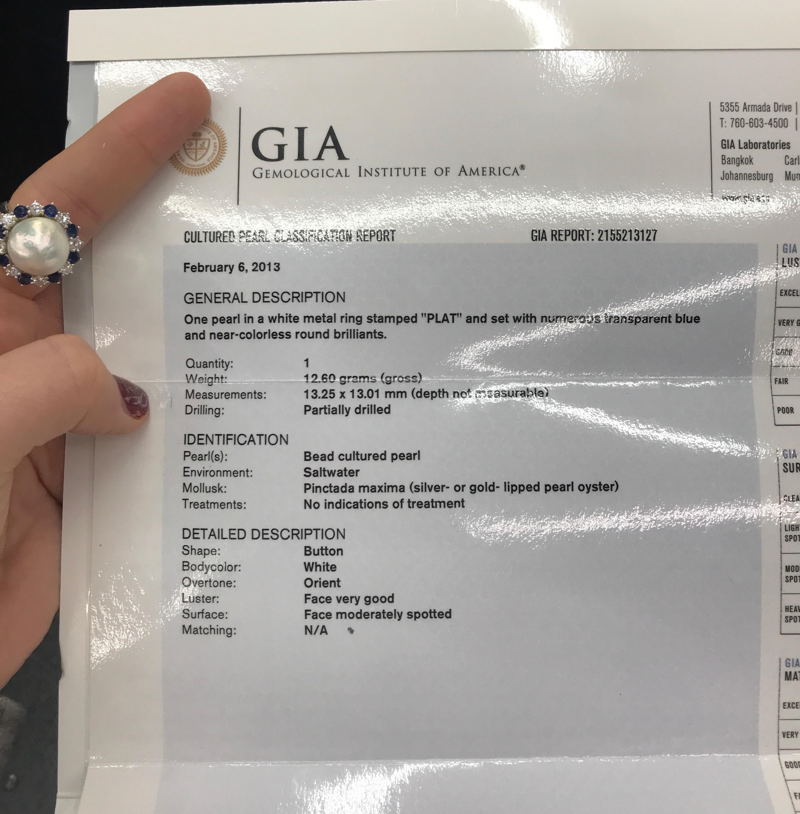 GIA Certified Pearl Diamond Sapphire Ring Platinum 5