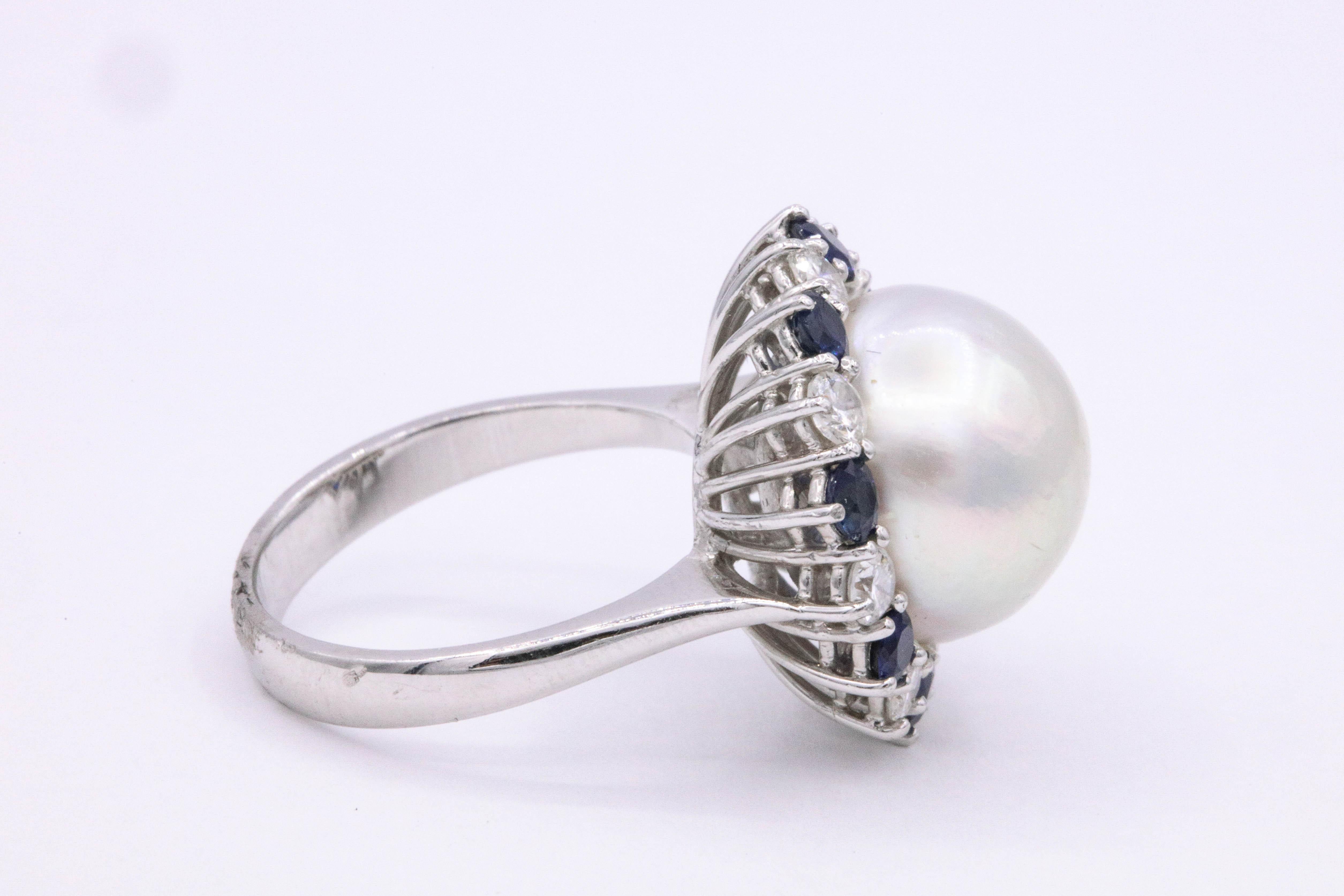Round Cut GIA Certified Pearl Diamond Sapphire Ring Platinum