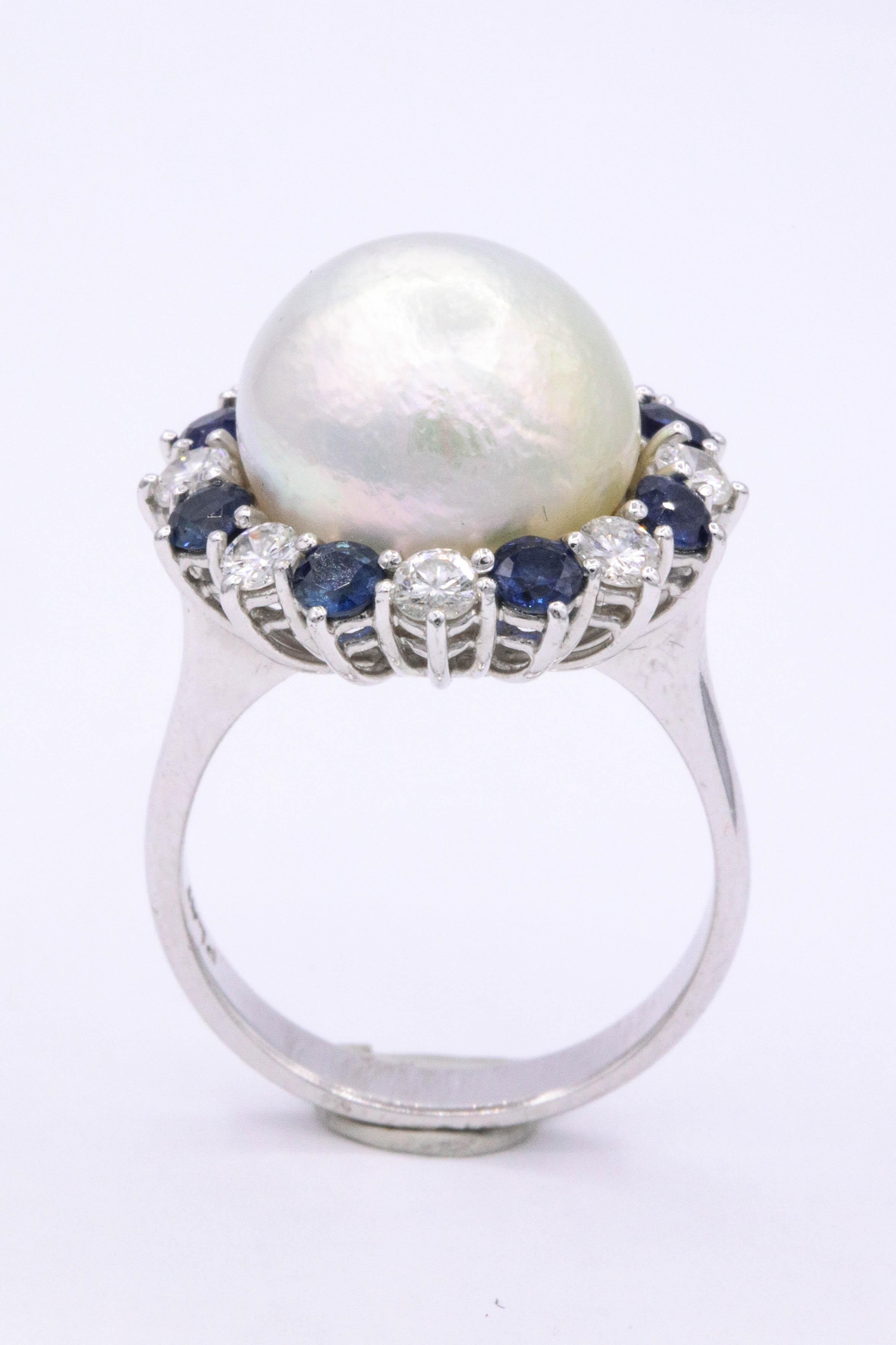 Women's GIA Certified Pearl Diamond Sapphire Ring Platinum