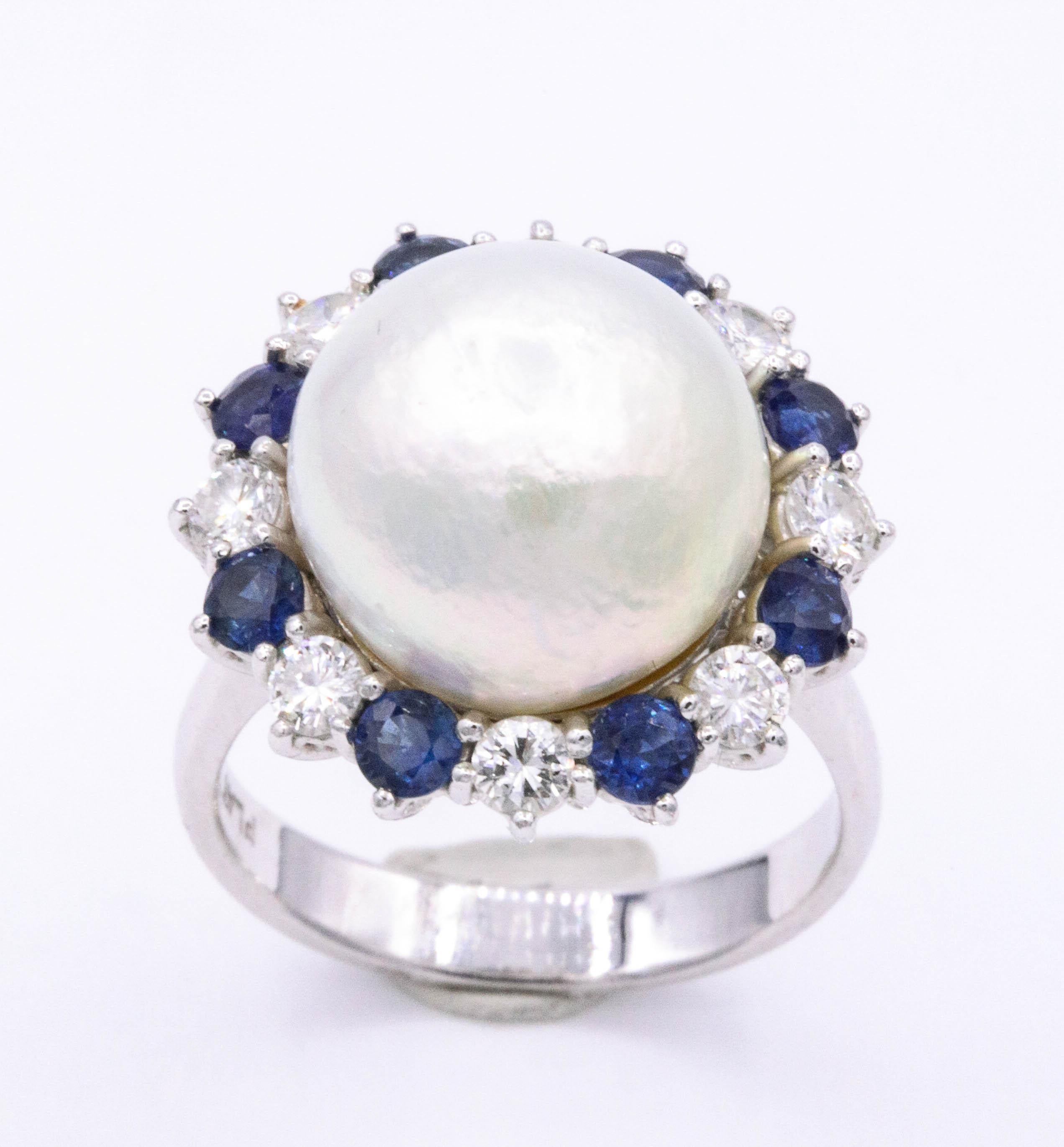 GIA Certified Pearl Diamond Sapphire Ring Platinum 1