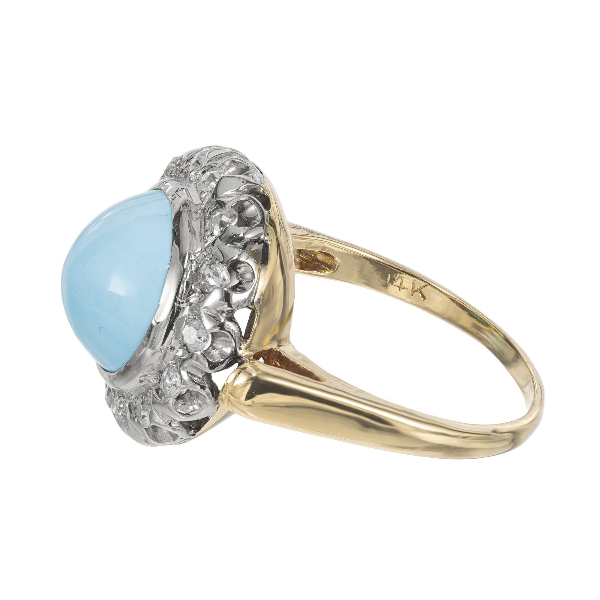 Round Cut GIA Certified Persian Cabochon Turquoise Diamond Halo Gold Cocktail Ring For Sale