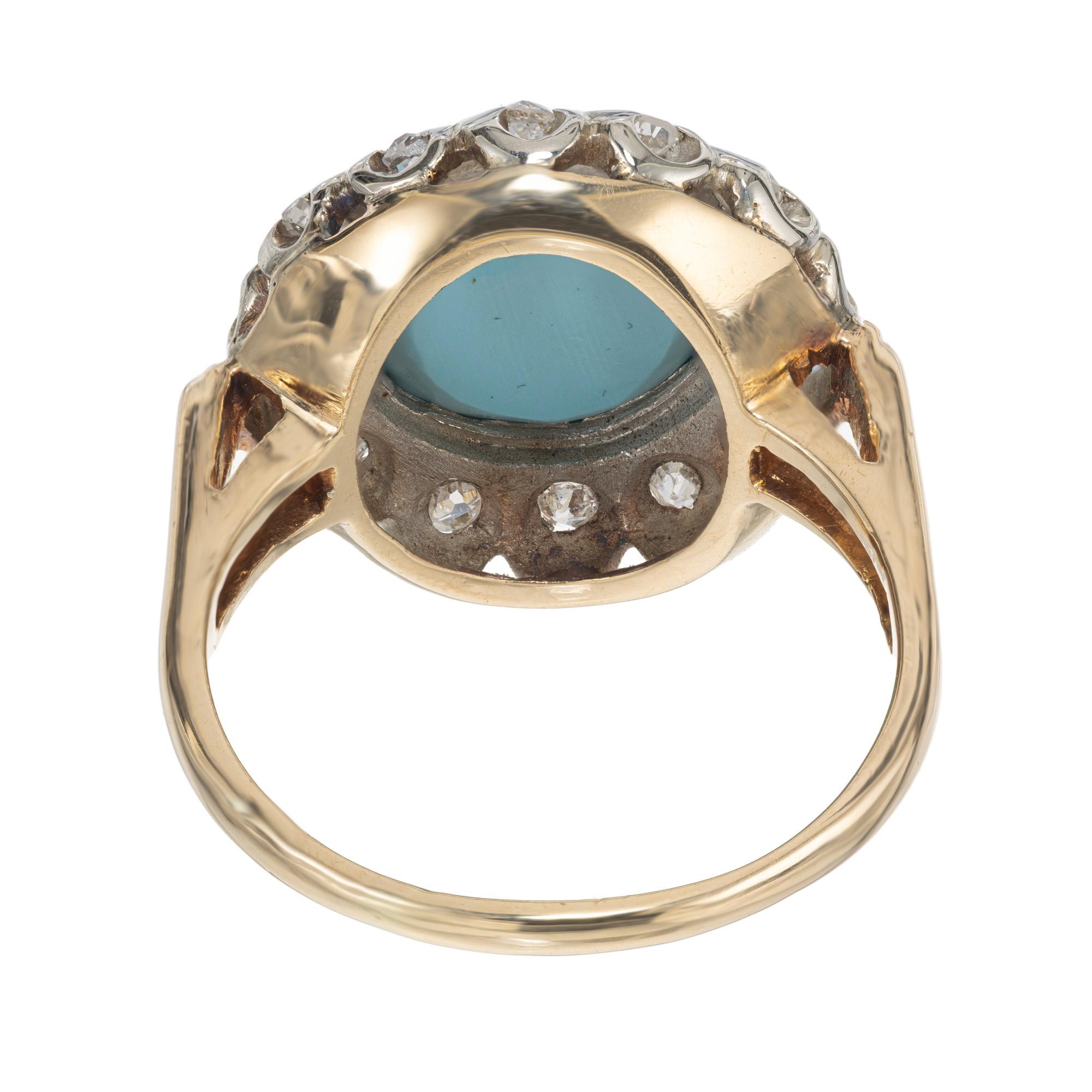 GIA Certified Persian Cabochon Turquoise Diamond Halo Gold Cocktail Ring In Good Condition For Sale In Stamford, CT
