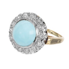 Retro GIA Certified Persian Cabochon Turquoise Diamond Halo Gold Cocktail Ring