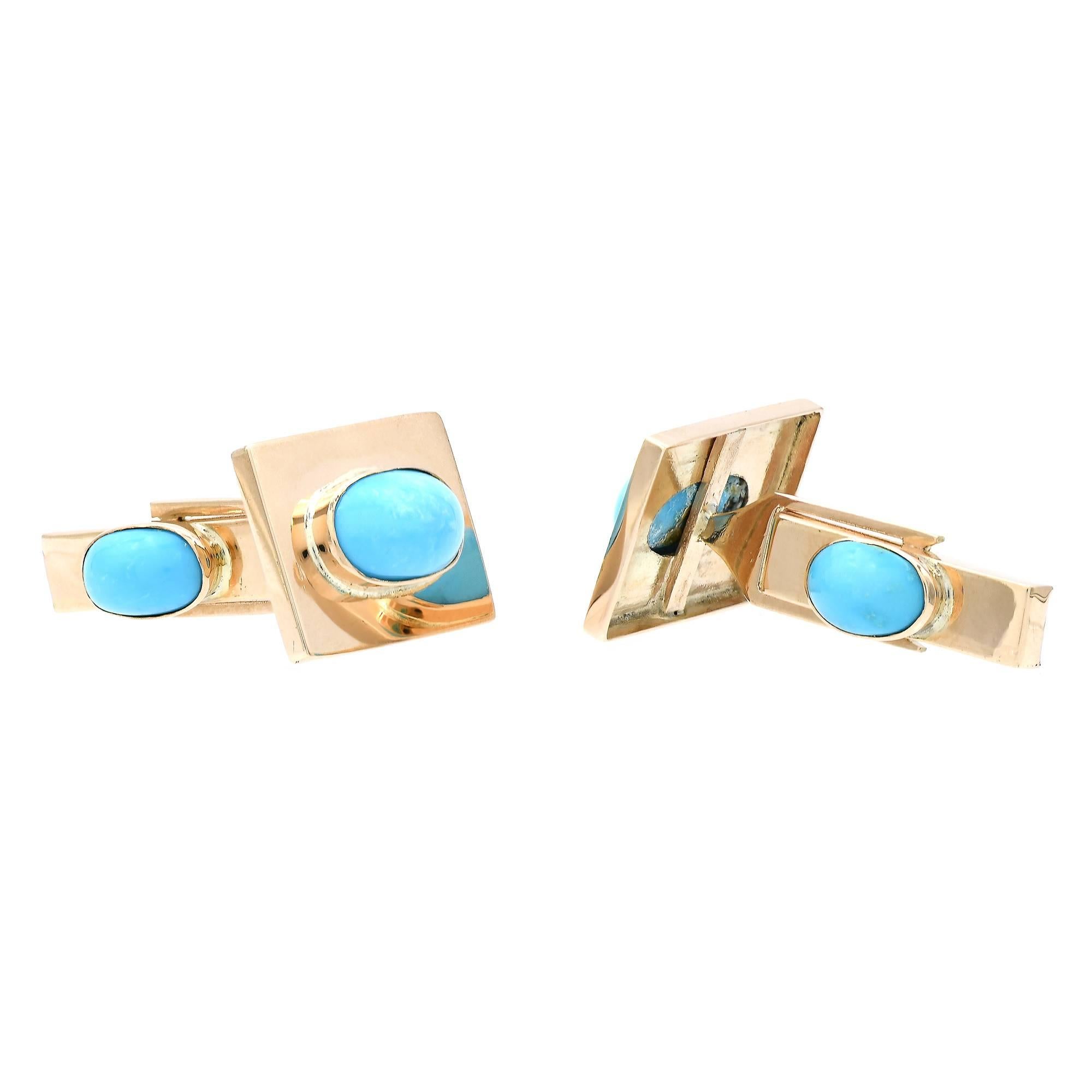 GIA Certified Persian Oval Turquoise Gold Cufflinks