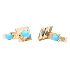 Retro GIA Certified Persian Oval Turquoise Gold Cufflinks