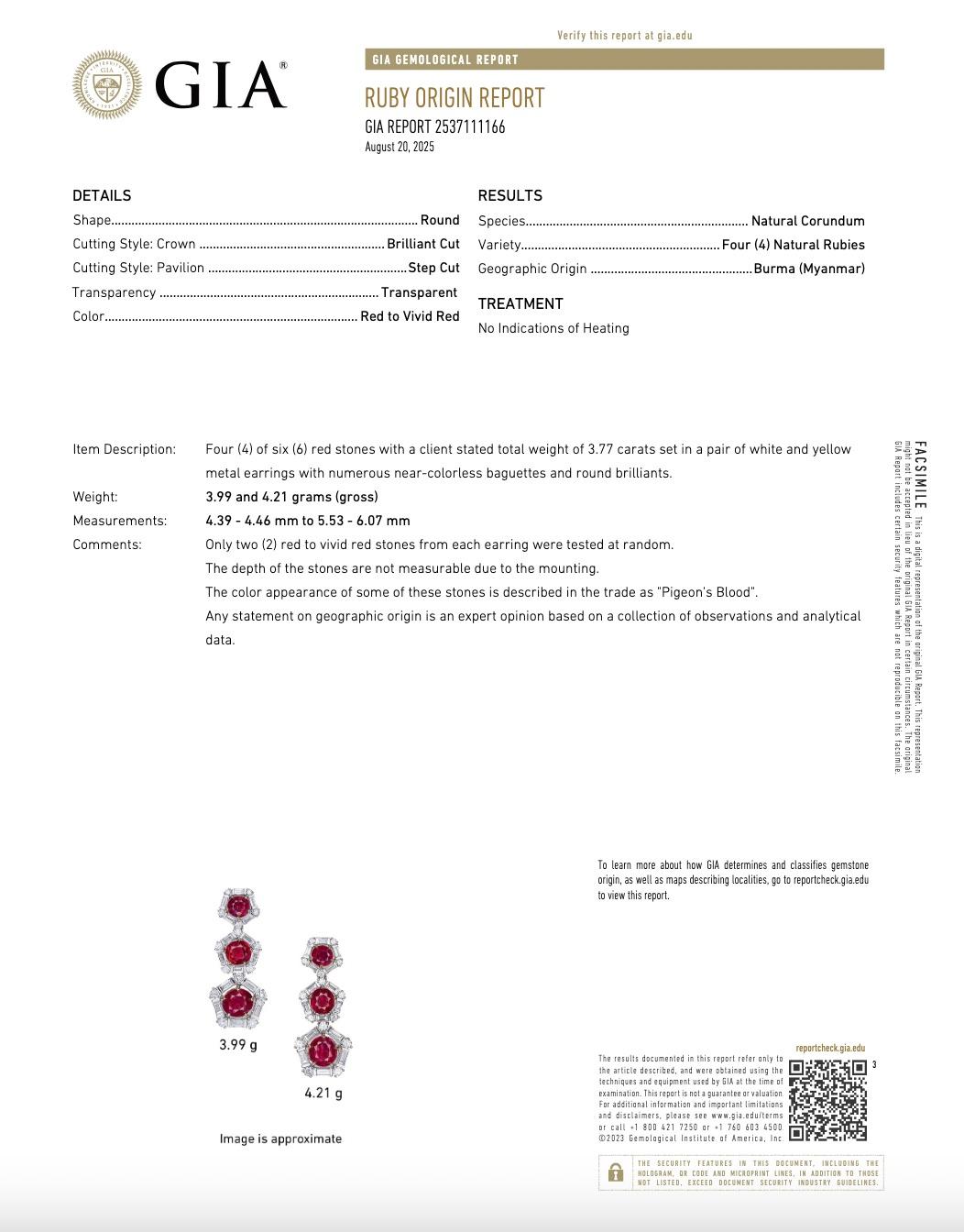 Women's GIA Certified Pigeon Blood 3.77 Carat Burma No Heat Ruby And Diamond Earrings For Sale