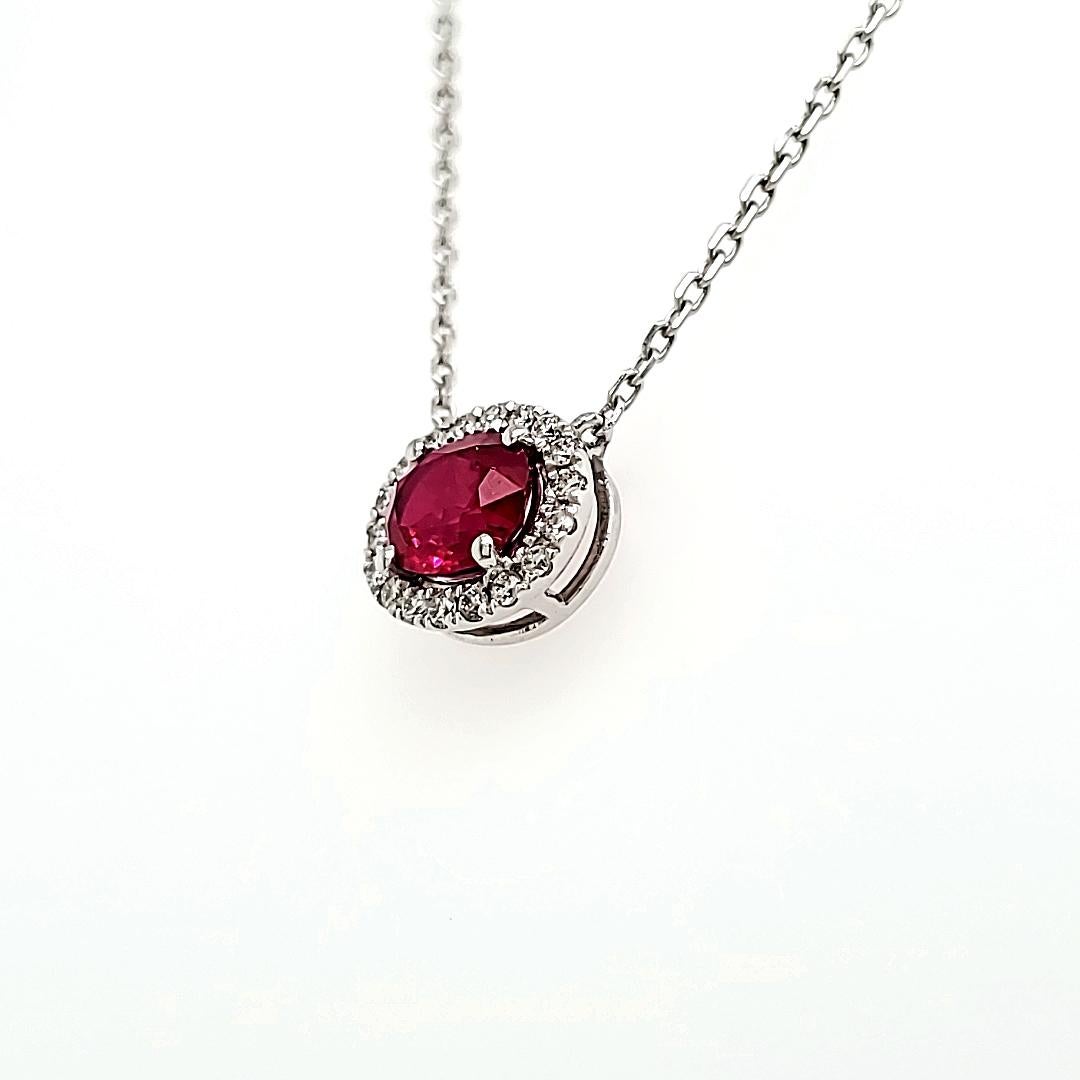 Round Cut GIA-Certified Pigeon’s Blood Ruby Cts 0.83 and Round Diamond Necklace  For Sale