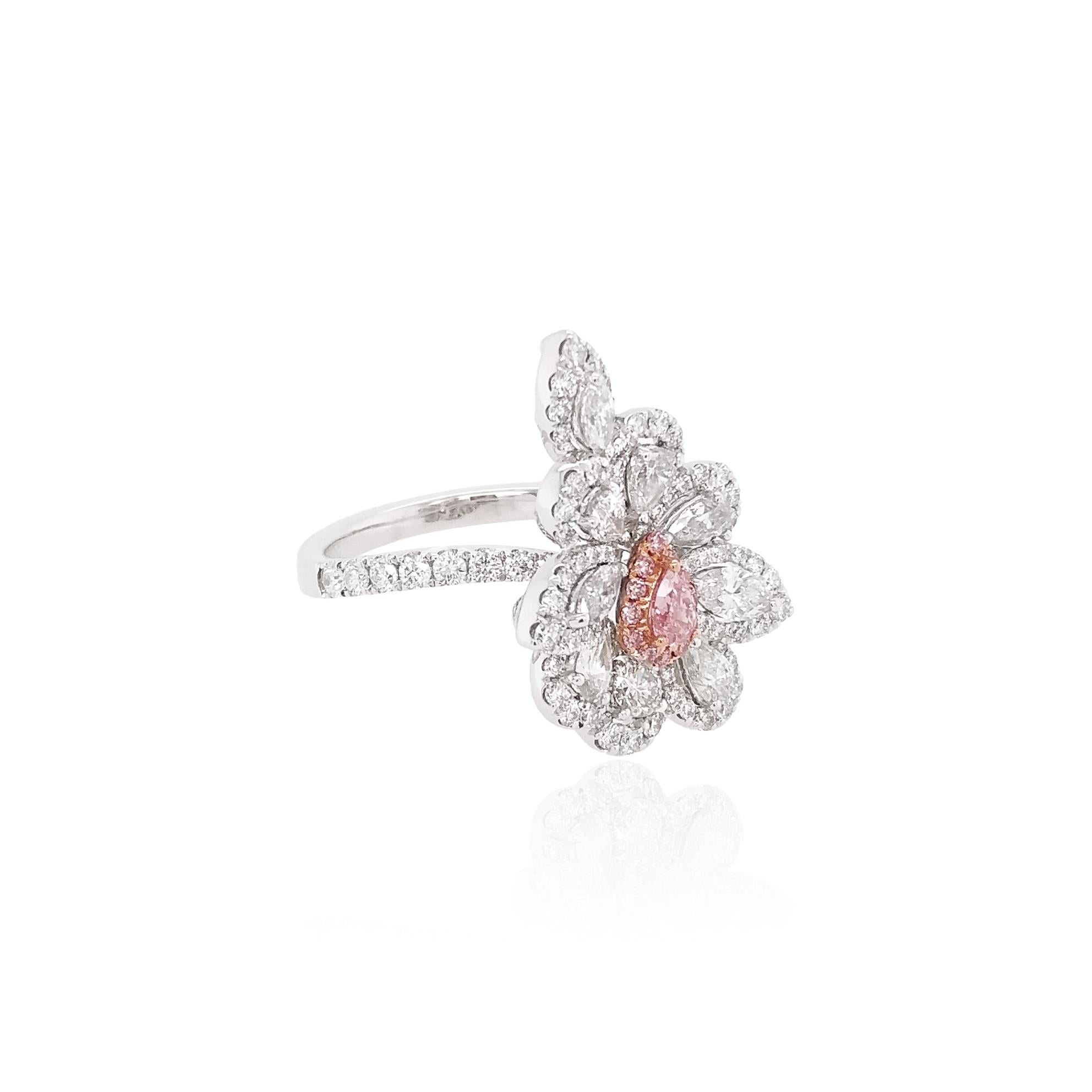 Pear Cut GIA Certified Pink Diamond and White Diamond in Platinum Cocktail Ring