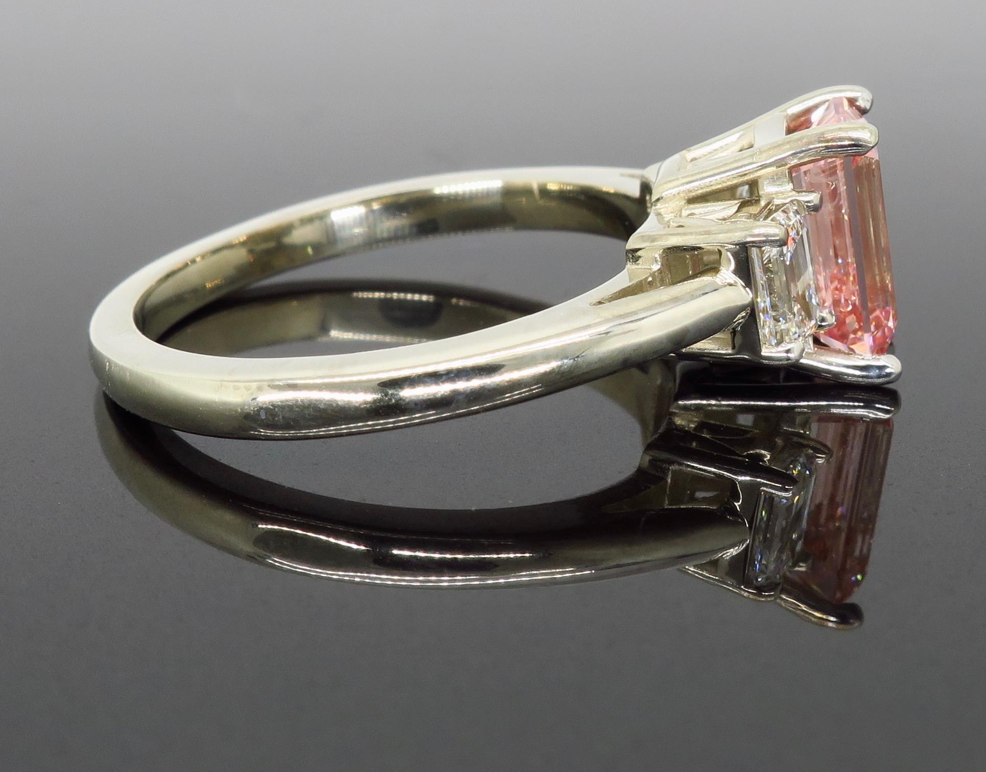 Emerald Cut GIA Certified Pink Diamond Three-Stone Ring