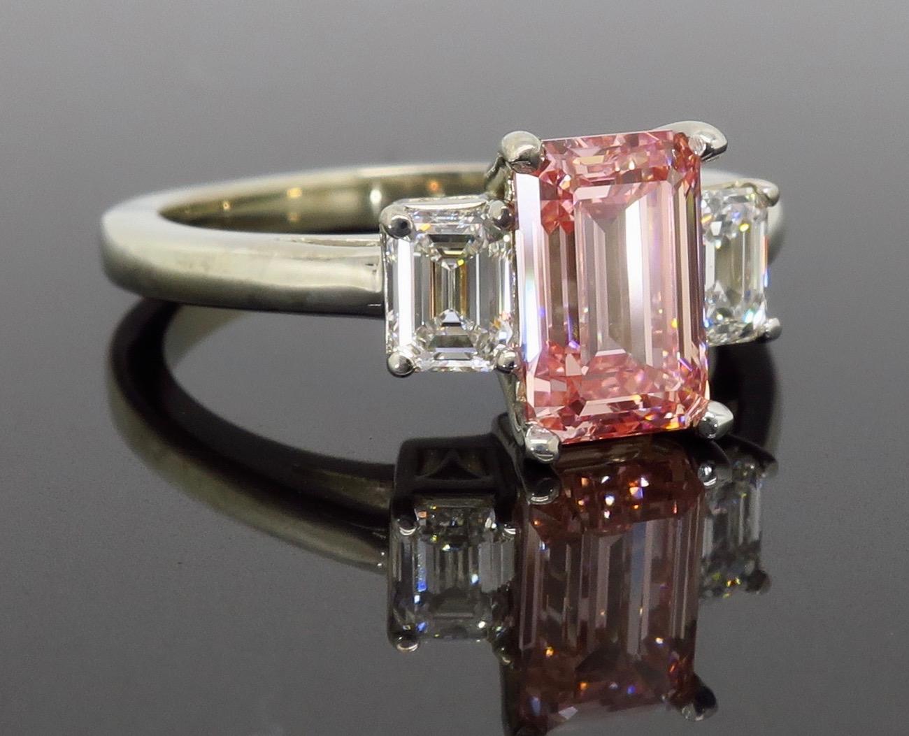 GIA Certified Pink Diamond Three-Stone Ring In New Condition In Webster, NY