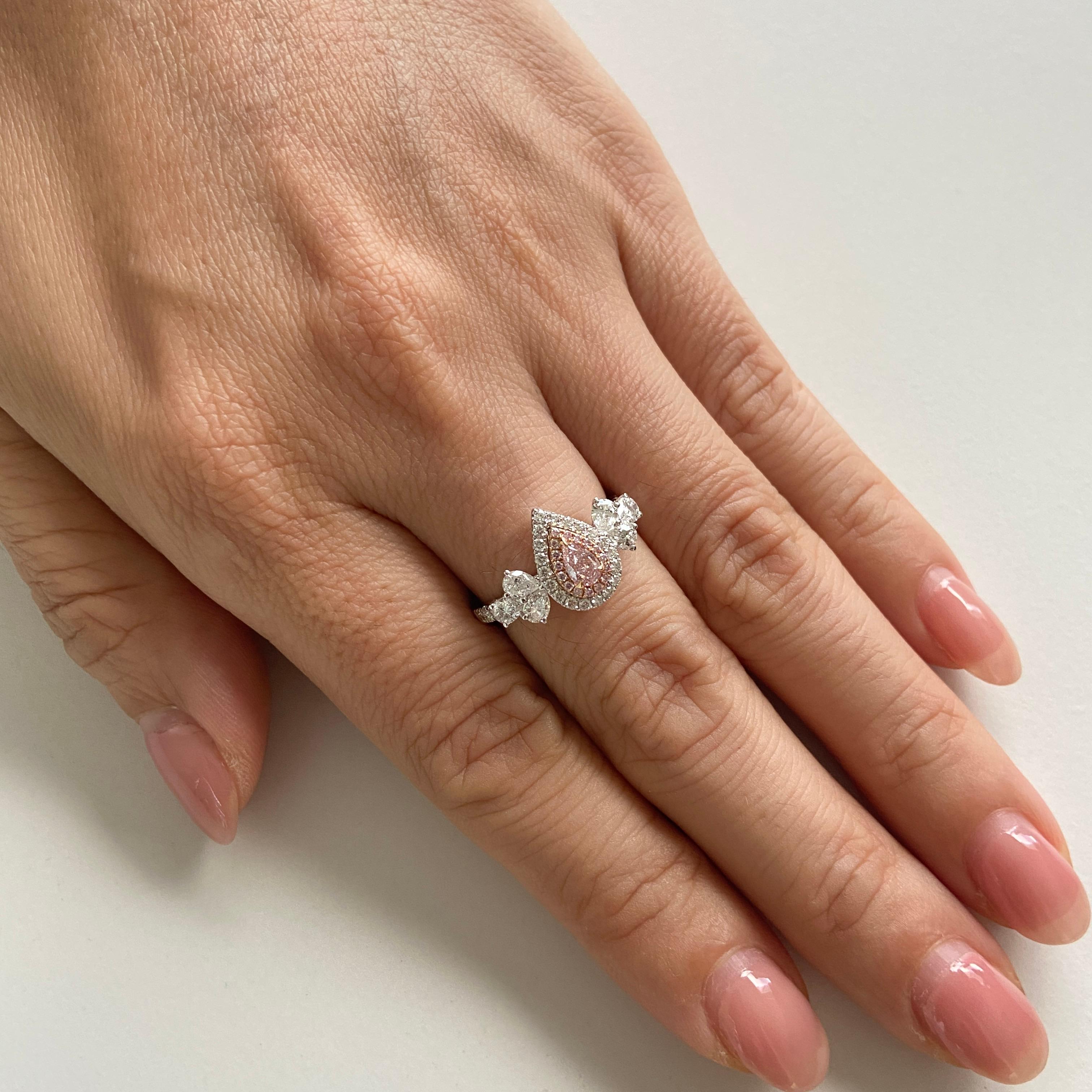 Pear Cut GIA Certified Pear Shape Pink Diamond White Diamond 18K Gold Engagement Ring For Sale