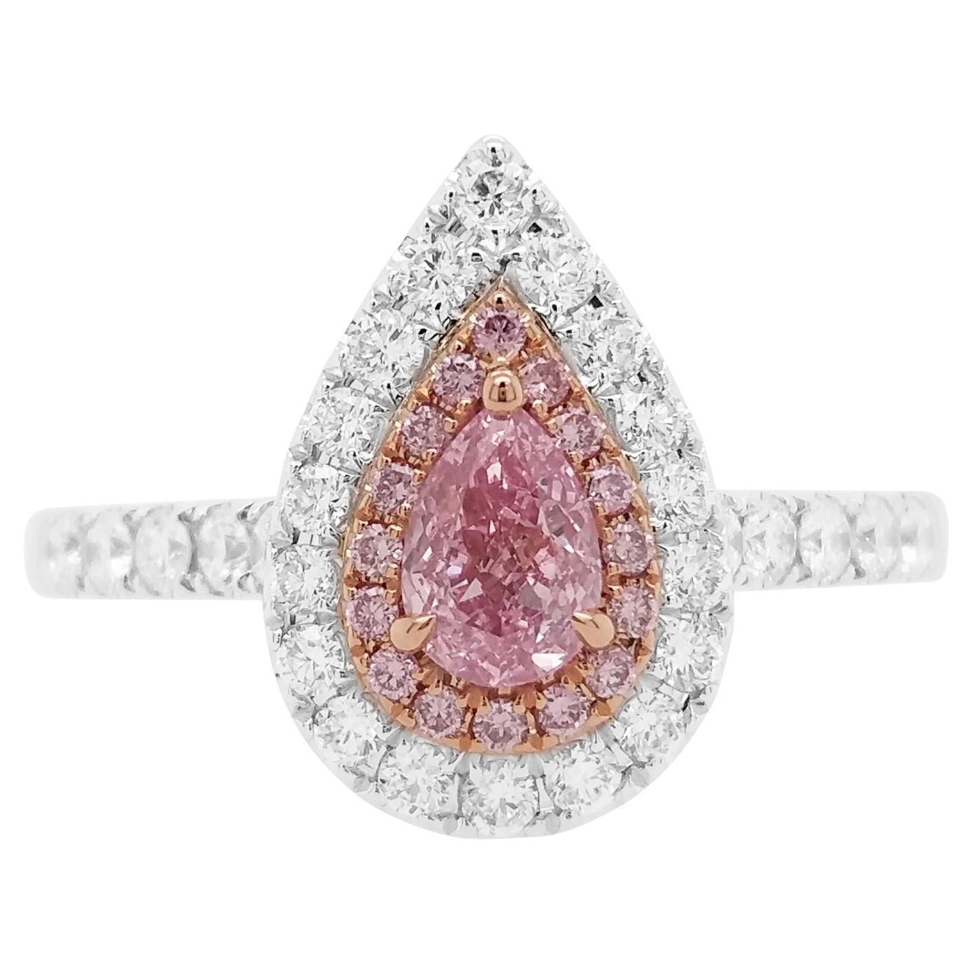 Bague en or 18 carats certifiée GIA, diamant rose en forme de poire et diamant blanc en vente