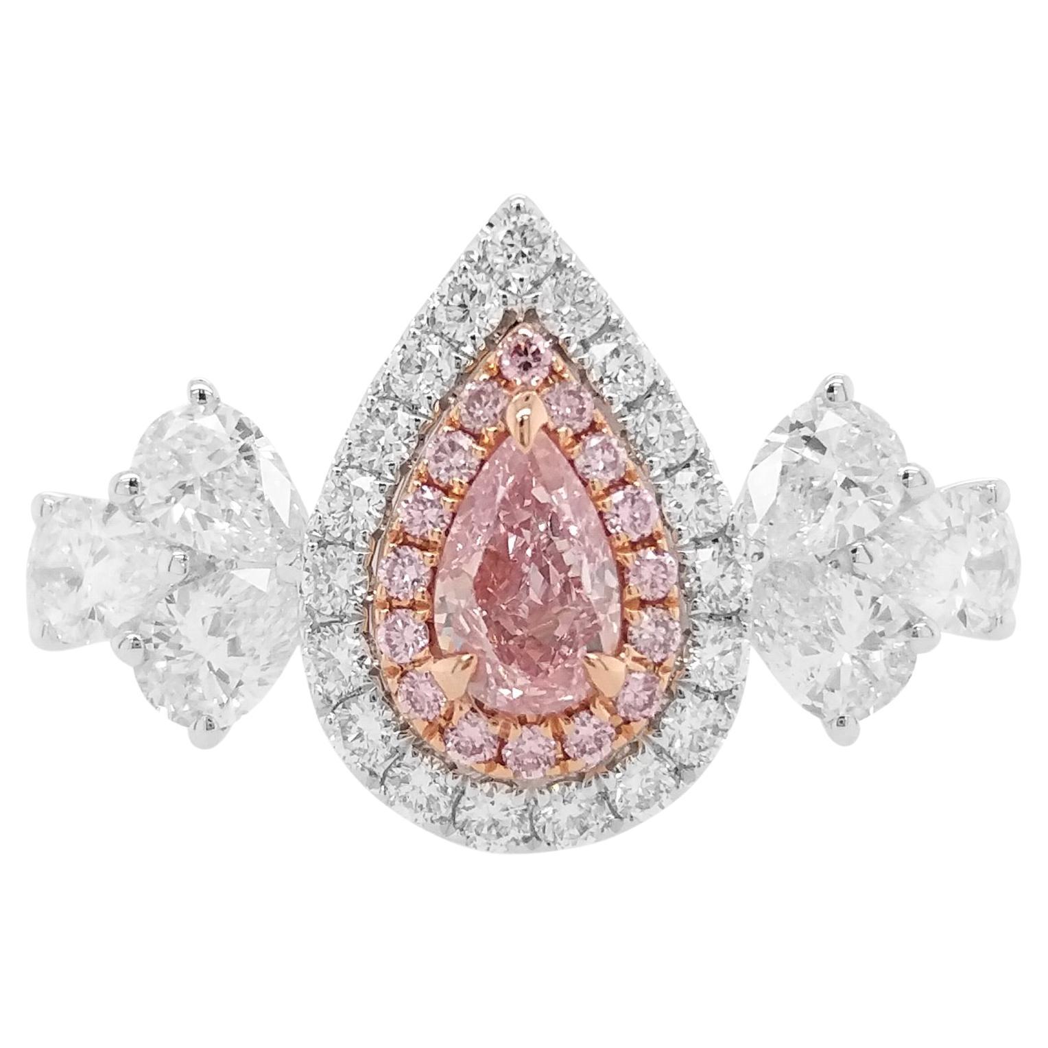 Bague de fiançailles en or 18K certifiée GIA, diamant rose en forme de poire et diamant blanc